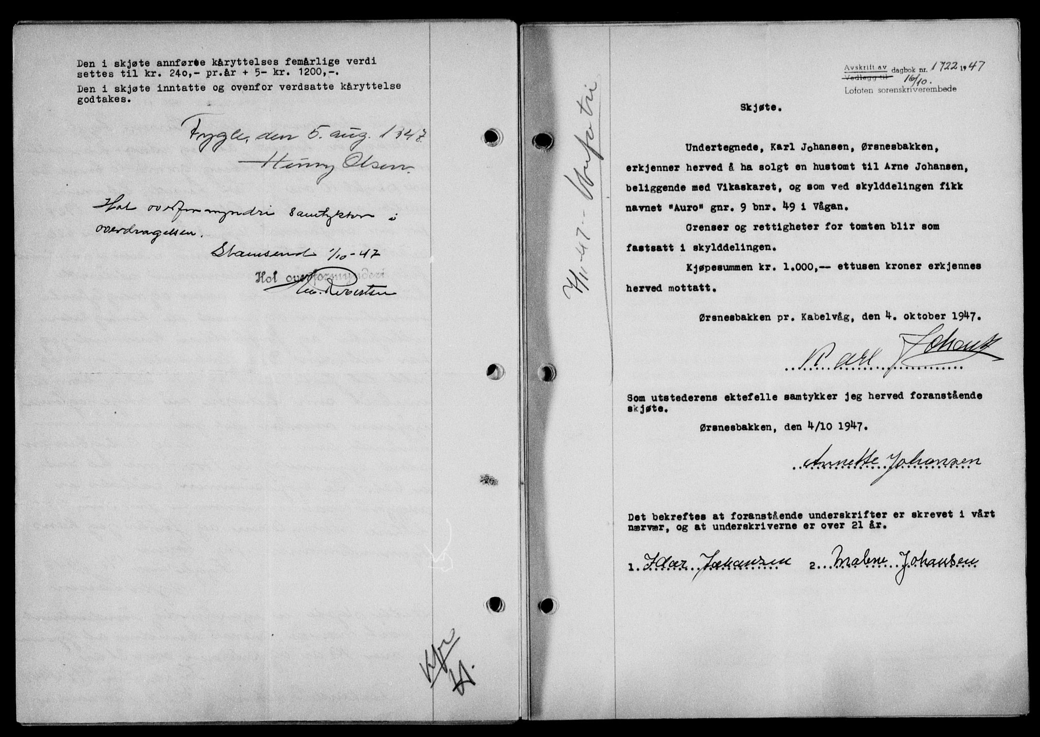 Lofoten sorenskriveri, SAT/A-0017/1/2/2C/L0017a: Mortgage book no. 17a, 1947-1948, Diary no: : 1722/1947