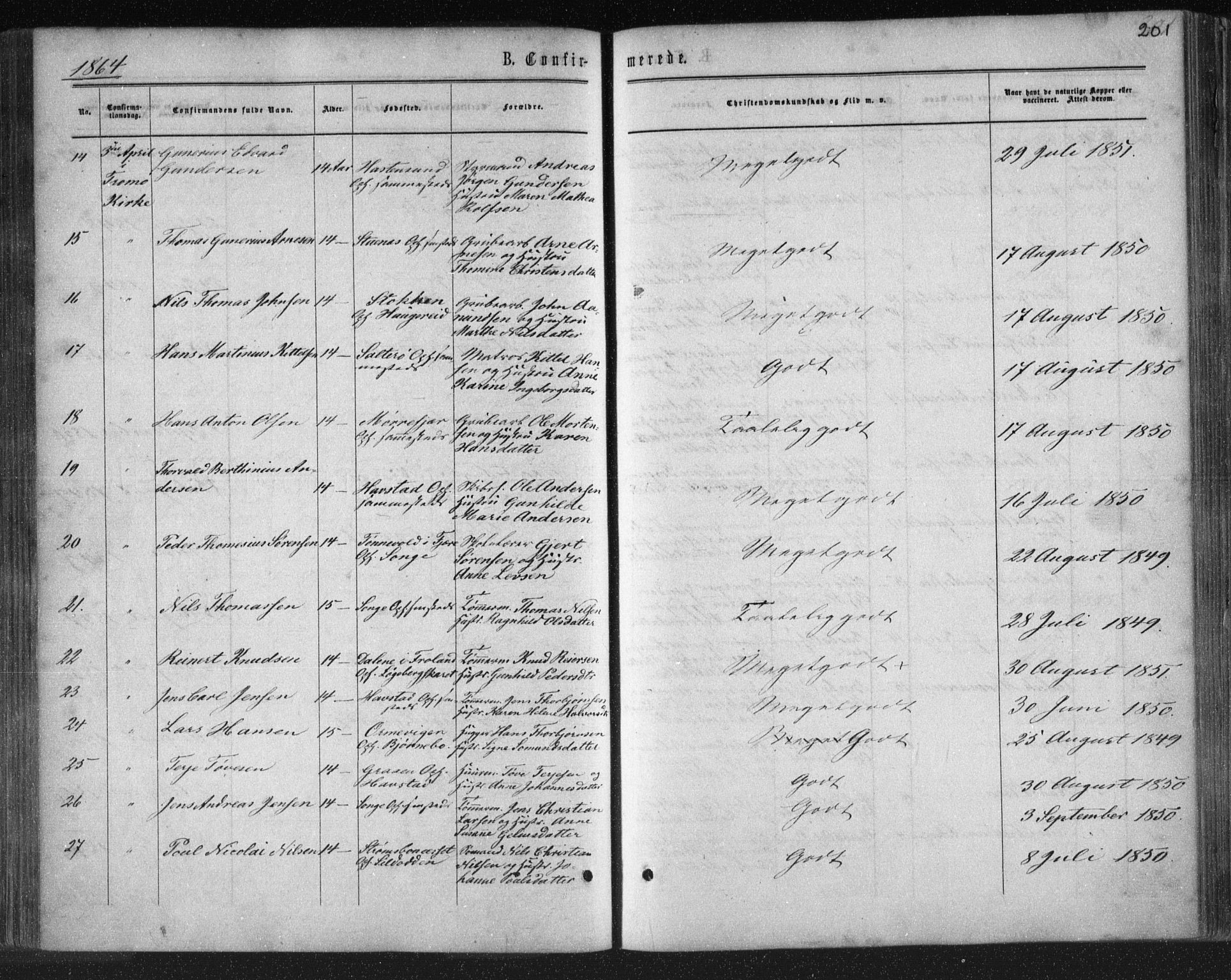 Tromøy sokneprestkontor, AV/SAK-1111-0041/F/Fa/L0007: Parish register (official) no. A 7, 1864-1869, p. 201