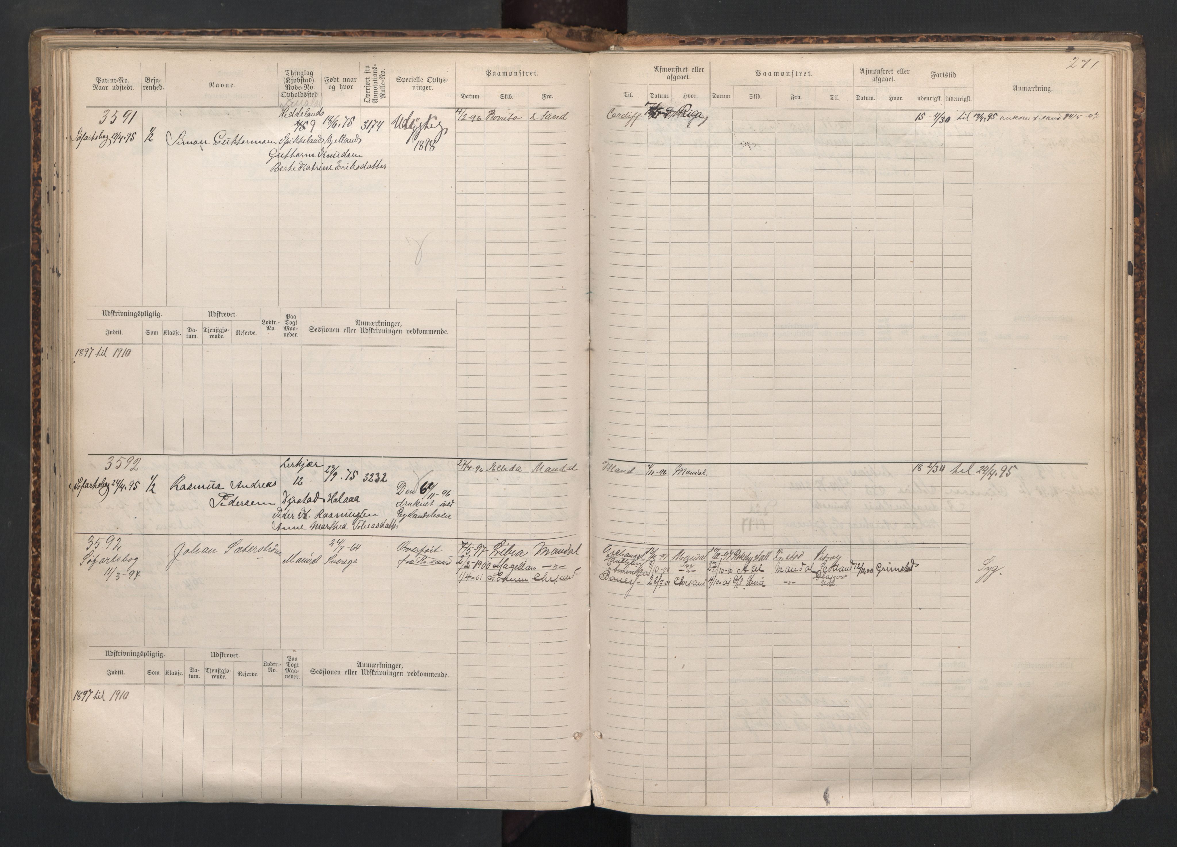 Mandal mønstringskrets, AV/SAK-2031-0016/F/Fb/L0015: Hovedrulle nr 3055-3820, Y-24, 1887-1940, p. 275