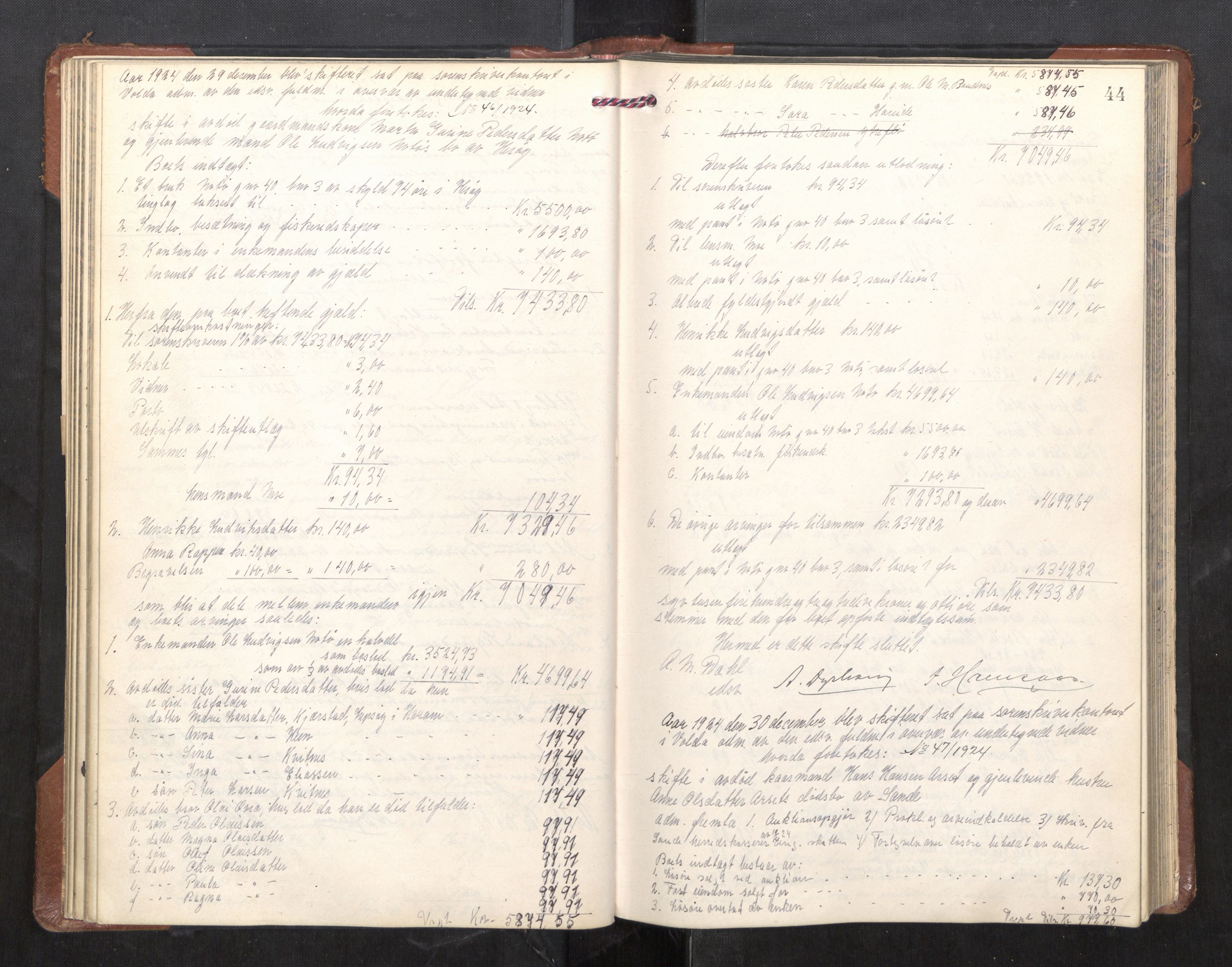 Søre Sunnmøre sorenskriveri, AV/SAT-A-4122/1/3/3A/L0025: Skifte- / Skifteutloddings- / Skifteslutningsprotokollar, 1924-1927, p. 43b-44a