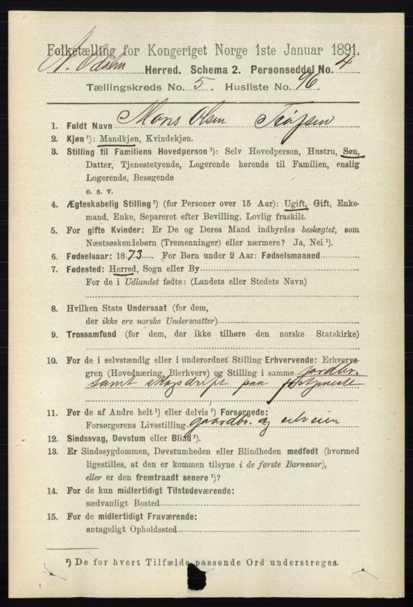 RA, 1891 census for 0418 Nord-Odal, 1891, p. 2149