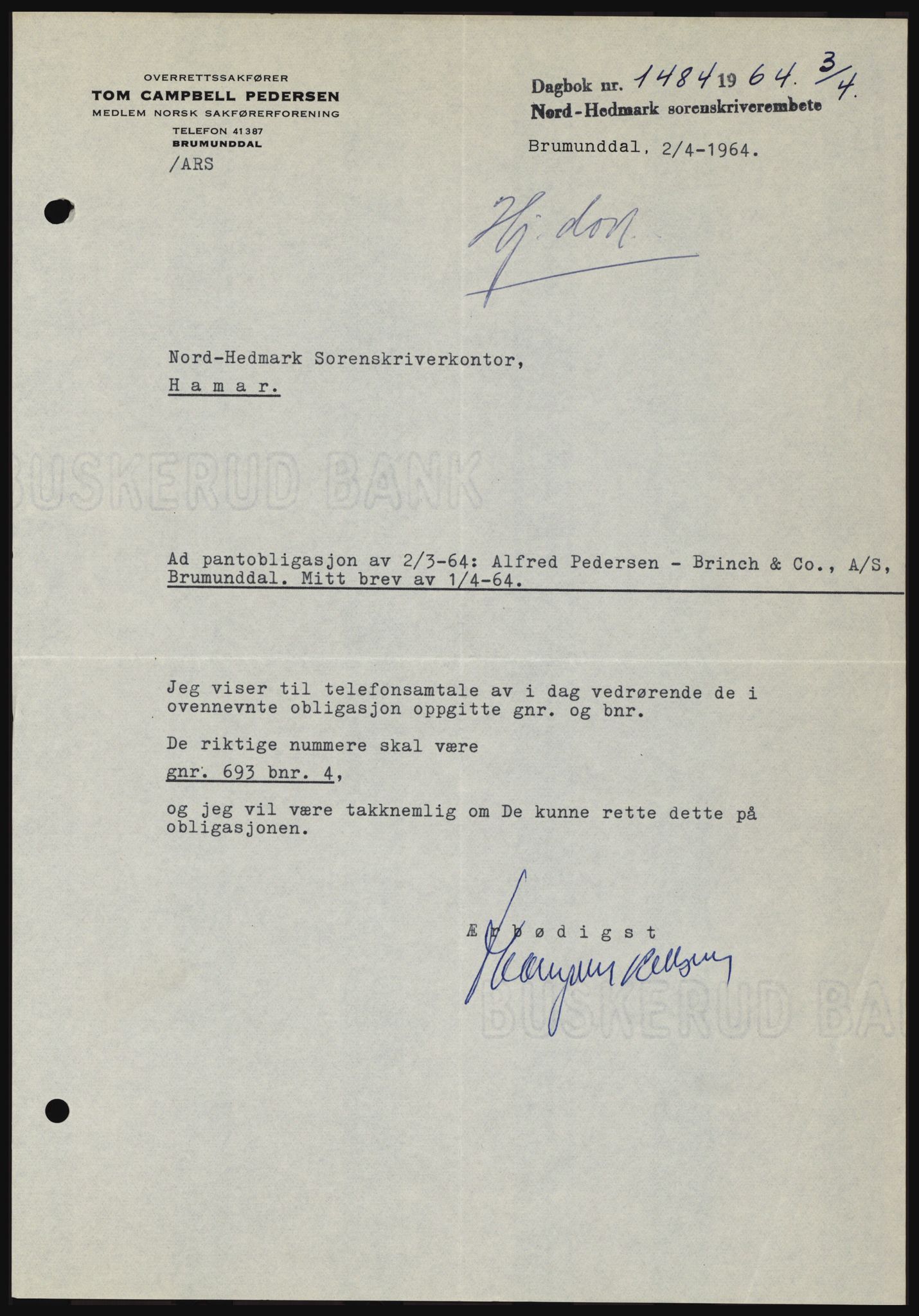 Nord-Hedmark sorenskriveri, SAH/TING-012/H/Hc/L0019: Mortgage book no. 19, 1963-1964, Diary no: : 1484/1964