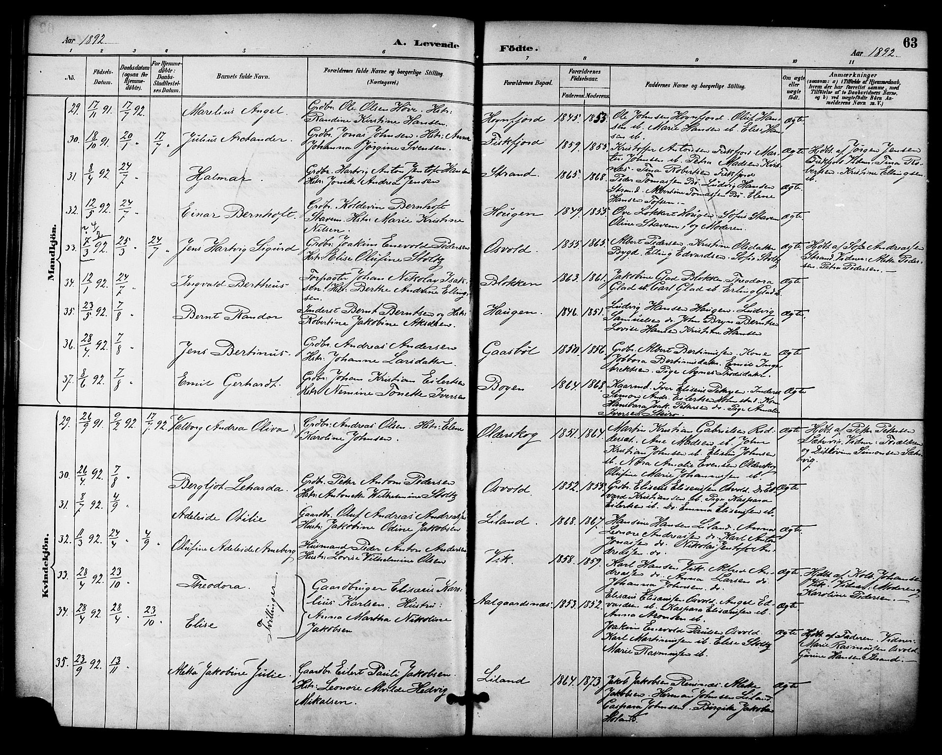 Ministerialprotokoller, klokkerbøker og fødselsregistre - Nordland, AV/SAT-A-1459/895/L1371: Parish register (official) no. 895A06, 1885-1894, p. 63