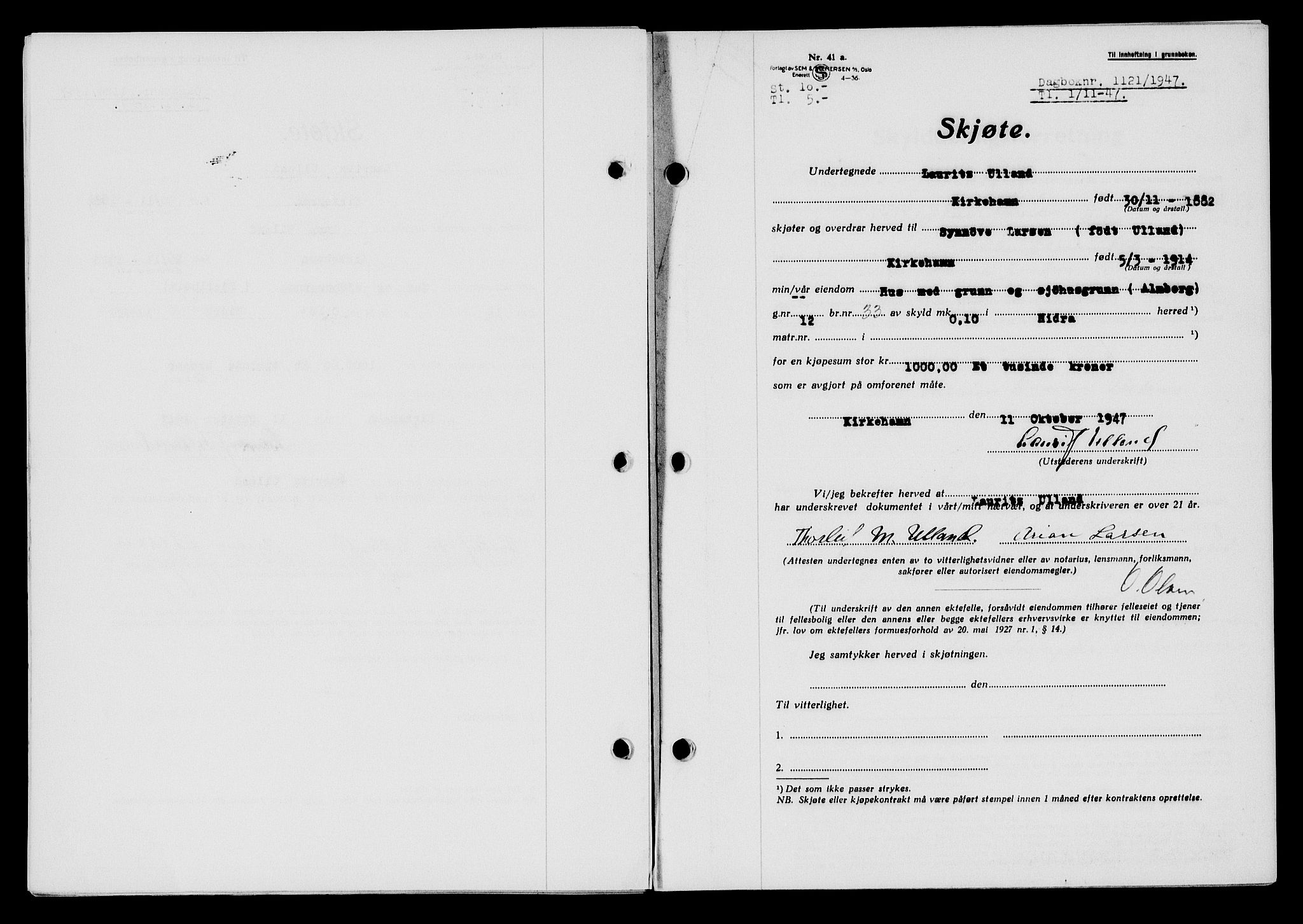 Flekkefjord sorenskriveri, AV/SAK-1221-0001/G/Gb/Gba/L0063: Mortgage book no. A-11, 1947-1948, Diary no: : 1121/1947