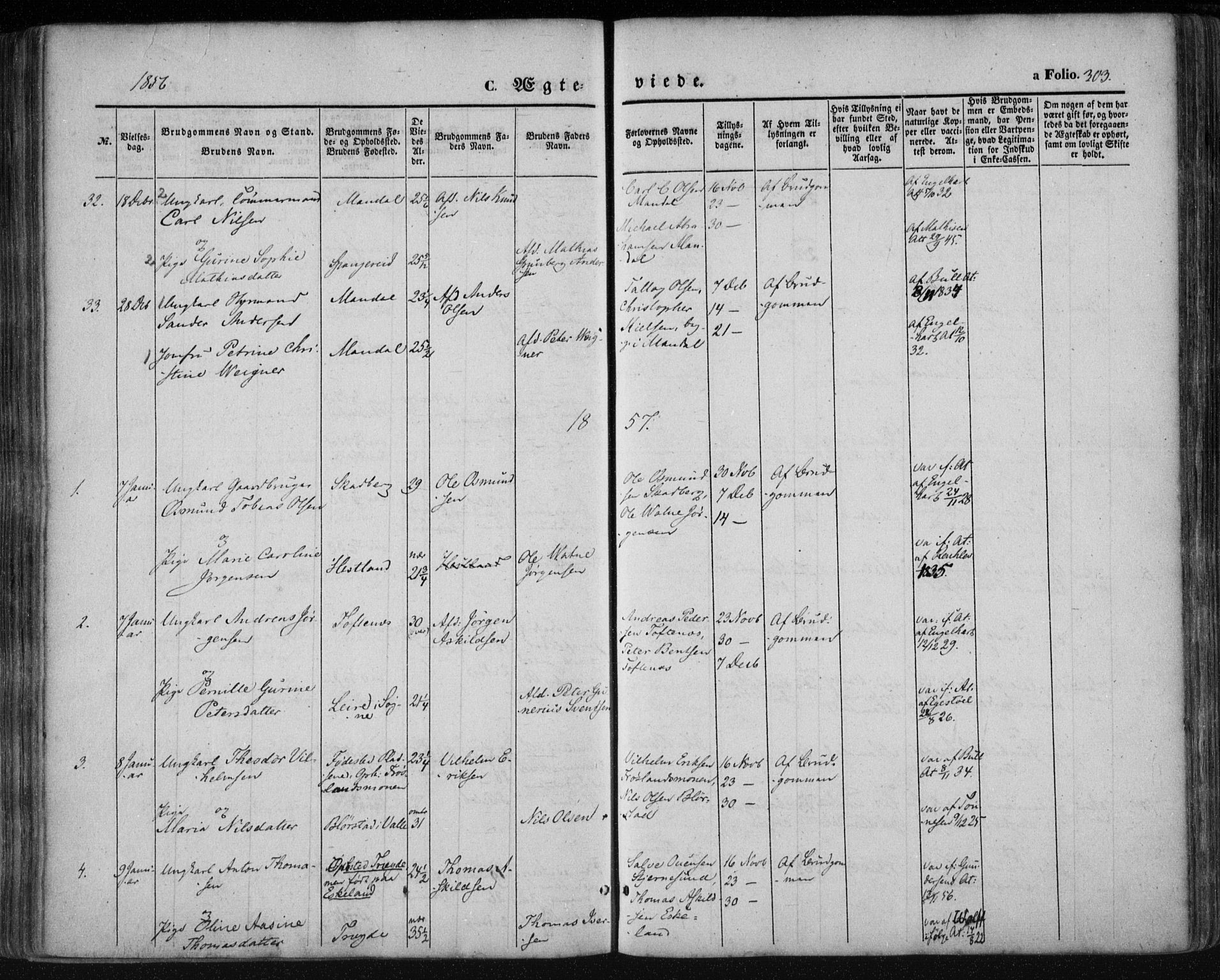 Mandal sokneprestkontor, AV/SAK-1111-0030/F/Fa/Faa/L0013: Parish register (official) no. A 13, 1847-1859, p. 303