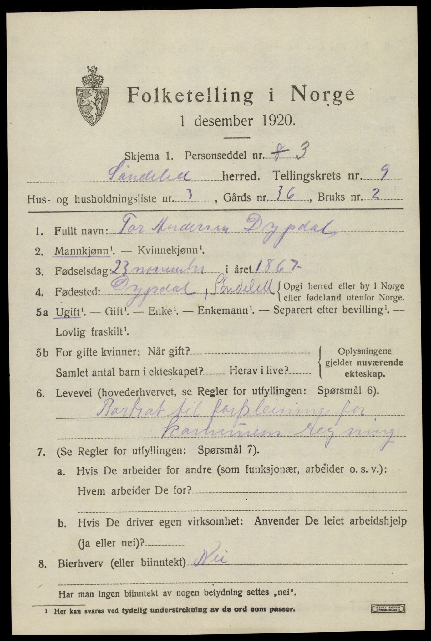 SAK, 1920 census for Søndeled, 1920, p. 4585