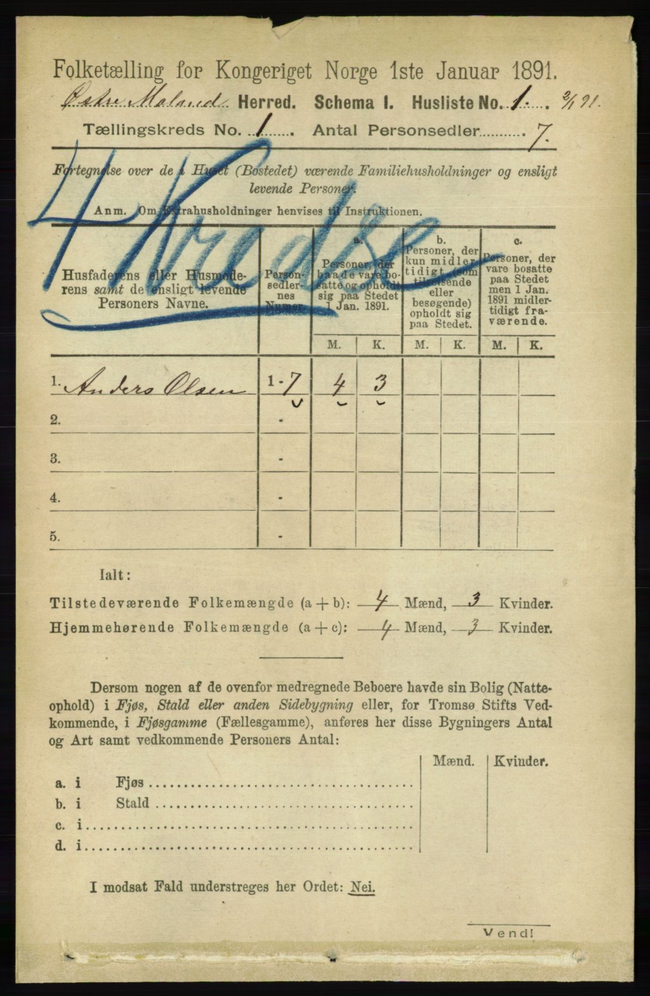 RA, 1891 census for 0918 Austre Moland, 1891, p. 20