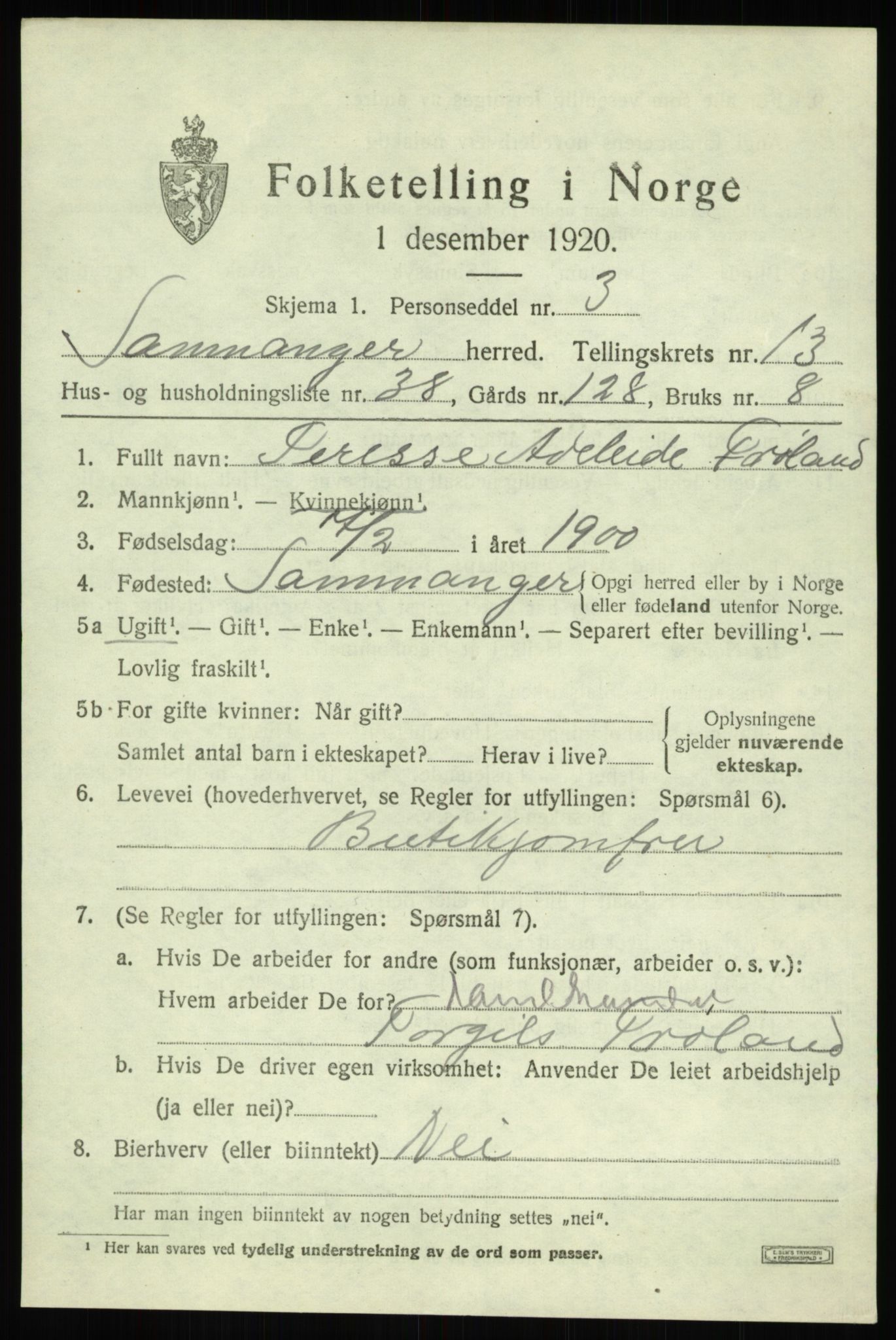 SAB, 1920 census for Samnanger, 1920, p. 5611