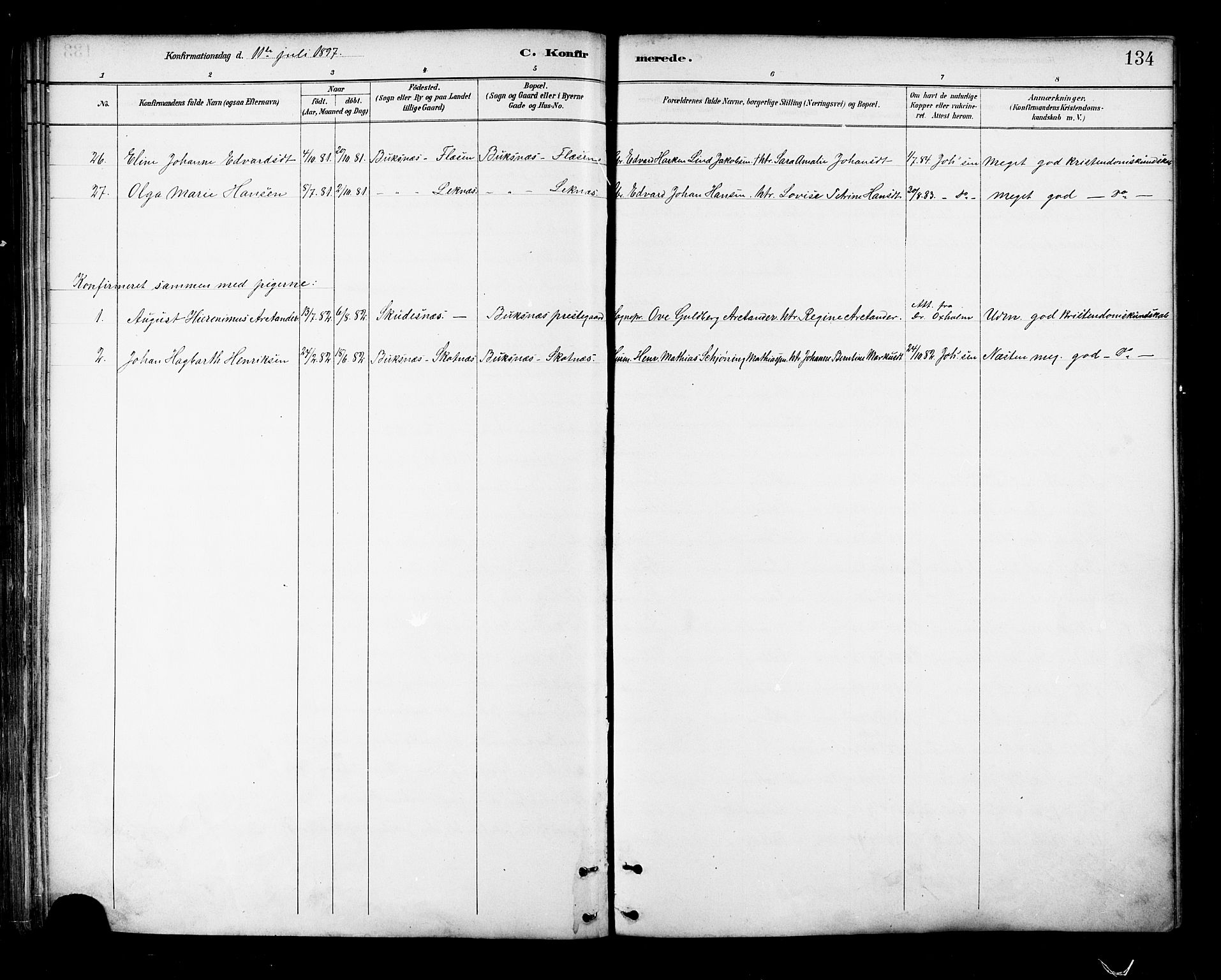 Ministerialprotokoller, klokkerbøker og fødselsregistre - Nordland, AV/SAT-A-1459/881/L1167: Parish register (copy) no. 881C04, 1886-1899, p. 134