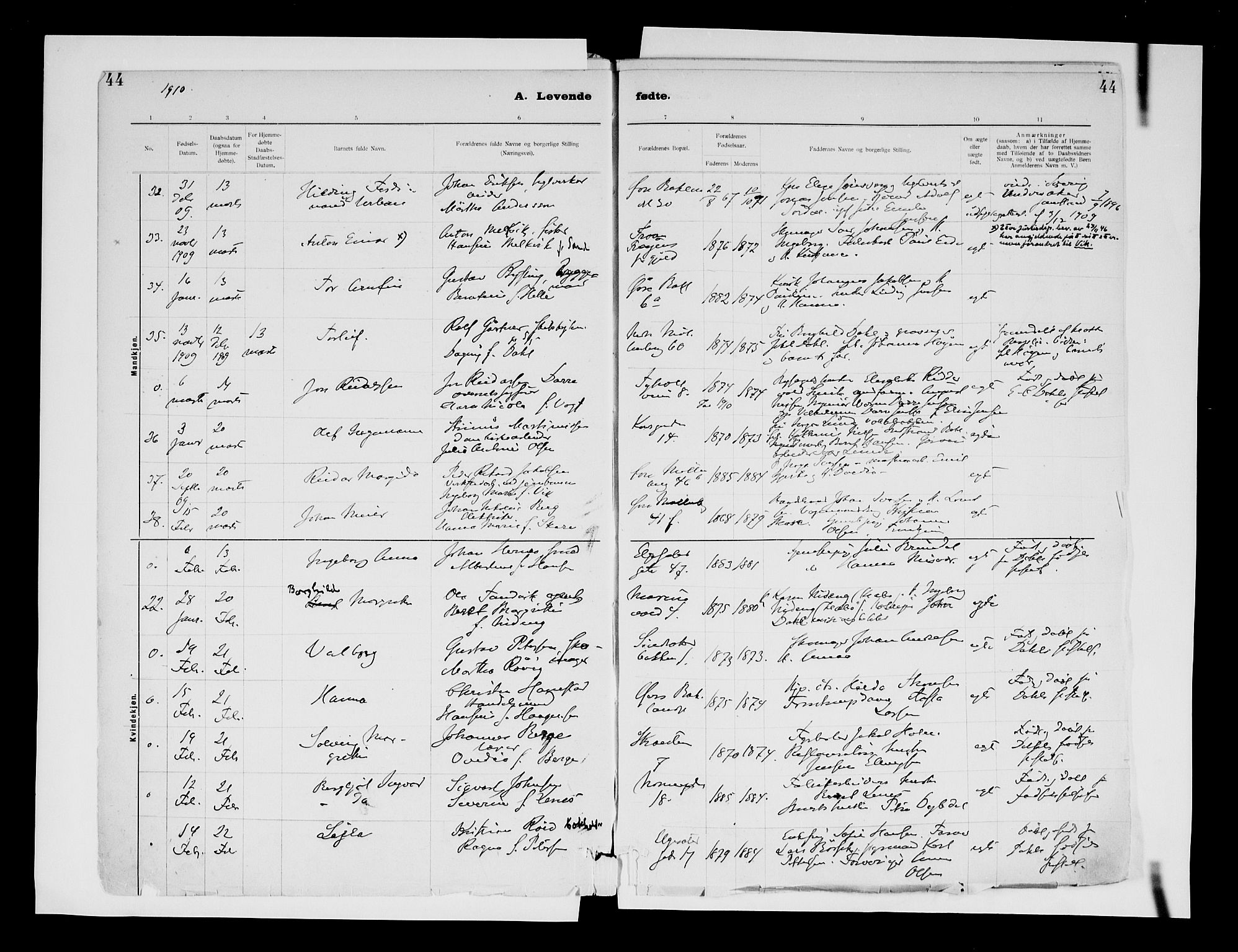 Ministerialprotokoller, klokkerbøker og fødselsregistre - Sør-Trøndelag, SAT/A-1456/604/L0203: Parish register (official) no. 604A23, 1908-1916, p. 44