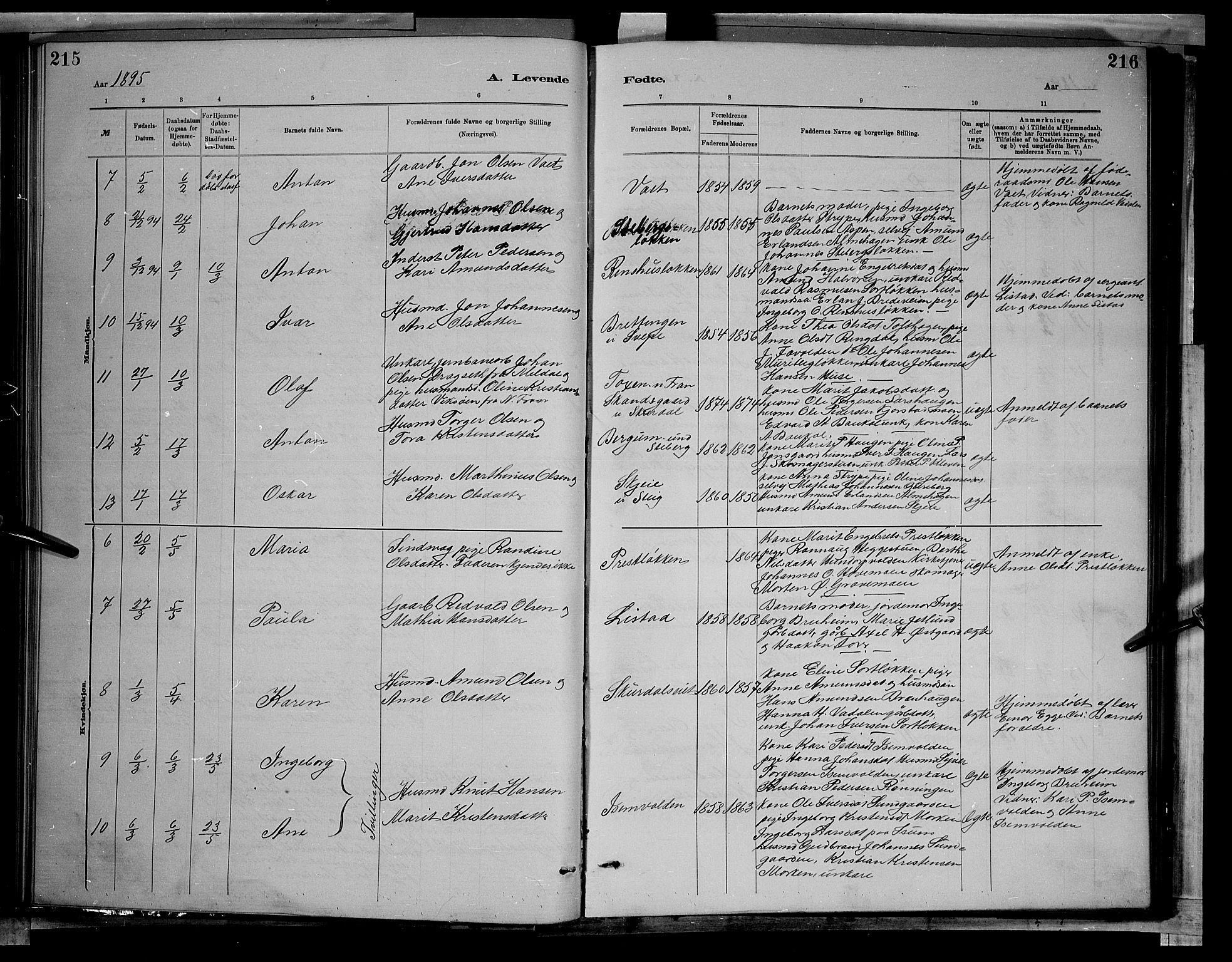 Sør-Fron prestekontor, AV/SAH-PREST-010/H/Ha/Hab/L0003: Parish register (copy) no. 3, 1884-1896, p. 215-216