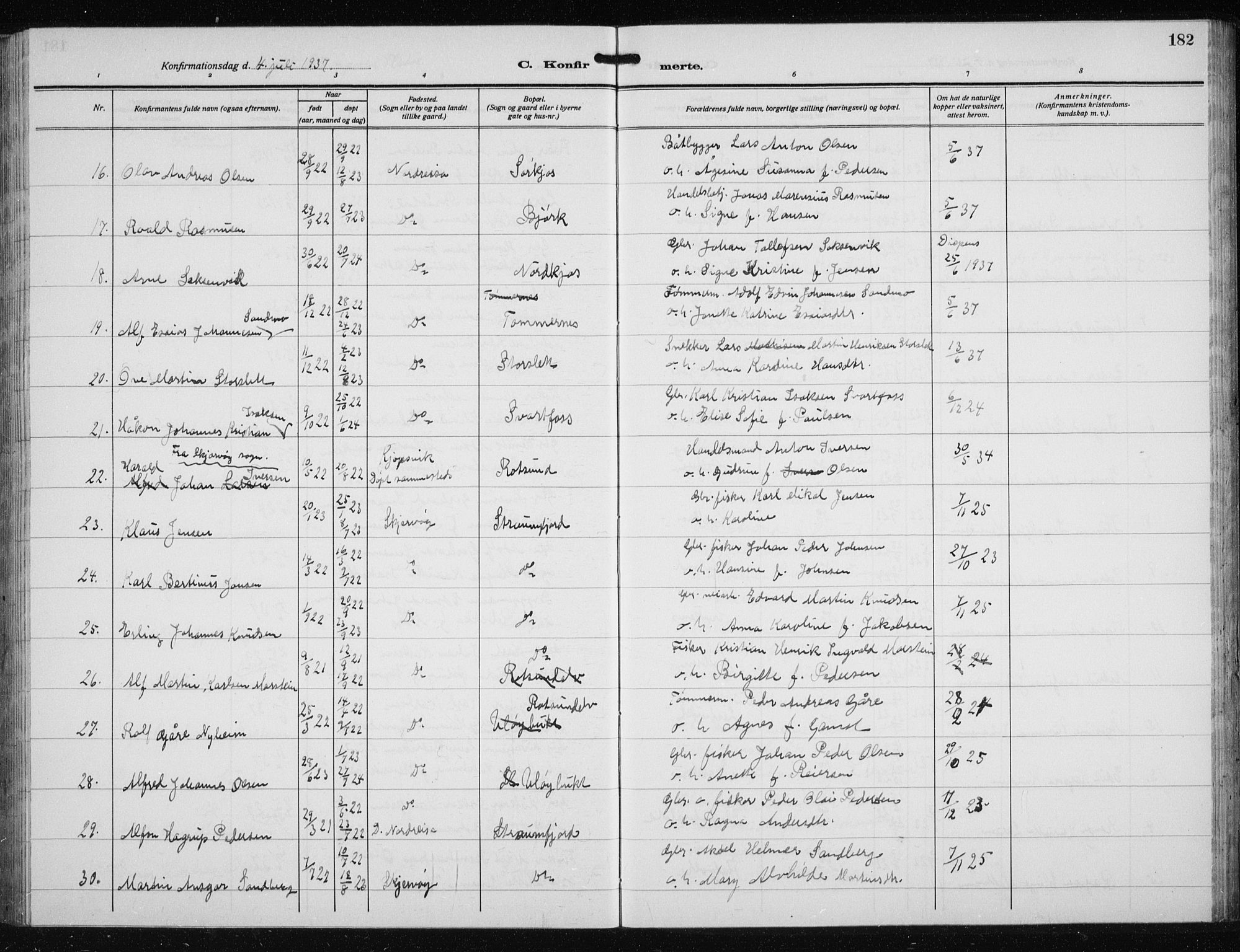 Skjervøy sokneprestkontor, SATØ/S-1300/H/Ha/Hab/L0023klokker: Parish register (copy) no. 23, 1927-1943, p. 182