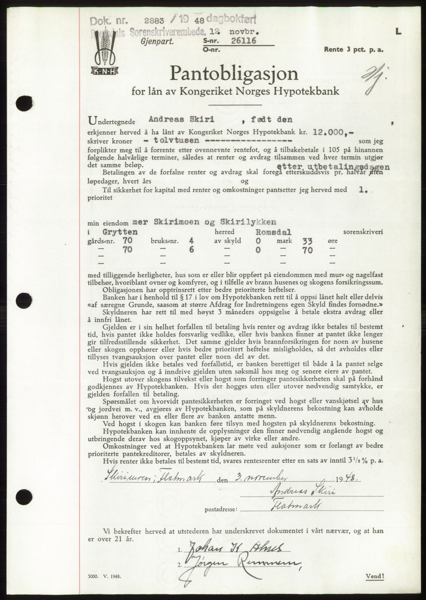 Romsdal sorenskriveri, AV/SAT-A-4149/1/2/2C: Mortgage book no. B4, 1948-1949, Diary no: : 2883/1948