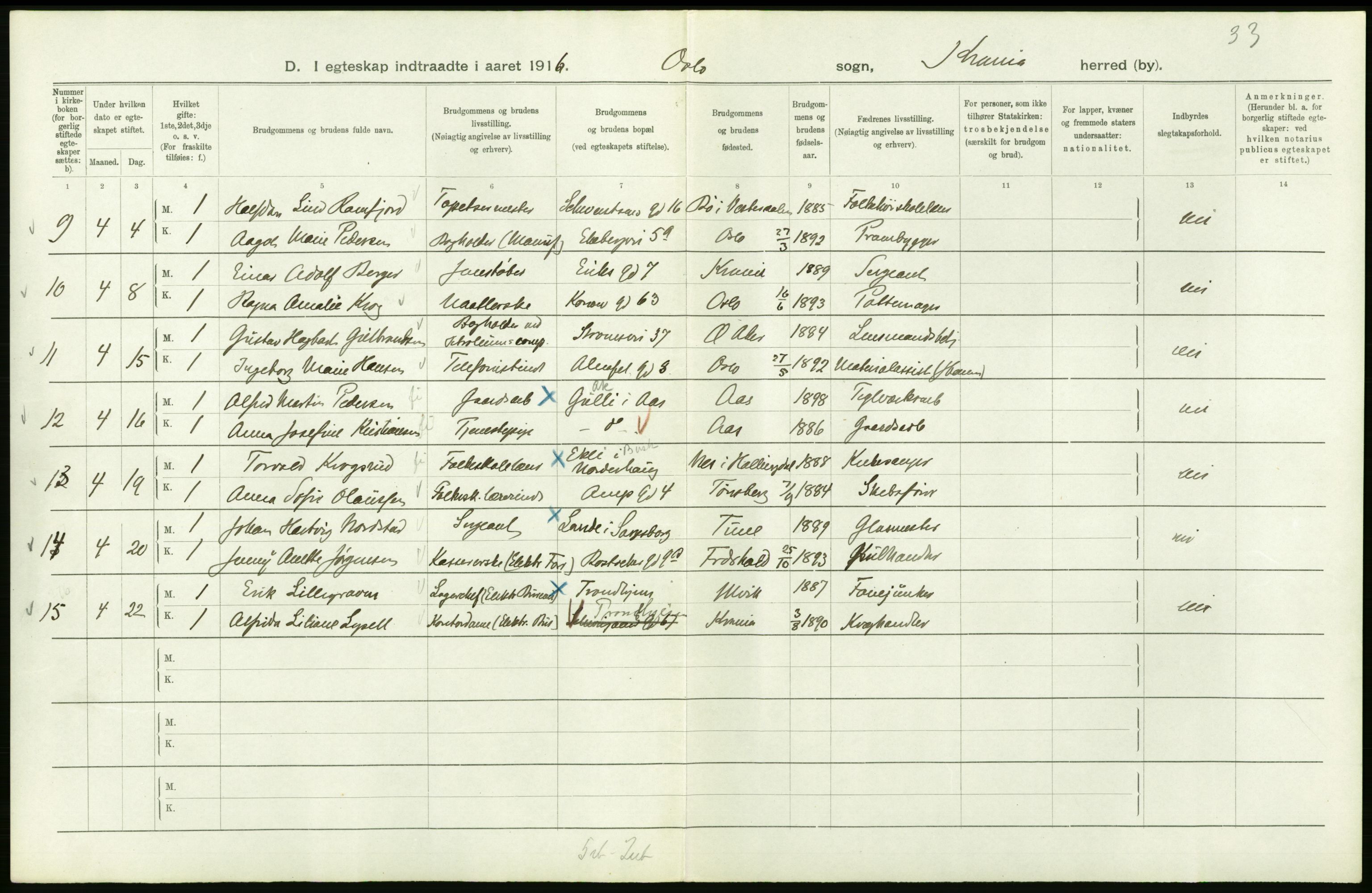 Statistisk sentralbyrå, Sosiodemografiske emner, Befolkning, AV/RA-S-2228/D/Df/Dfb/Dfbf/L0008: Kristiania: Gifte, 1916, p. 836