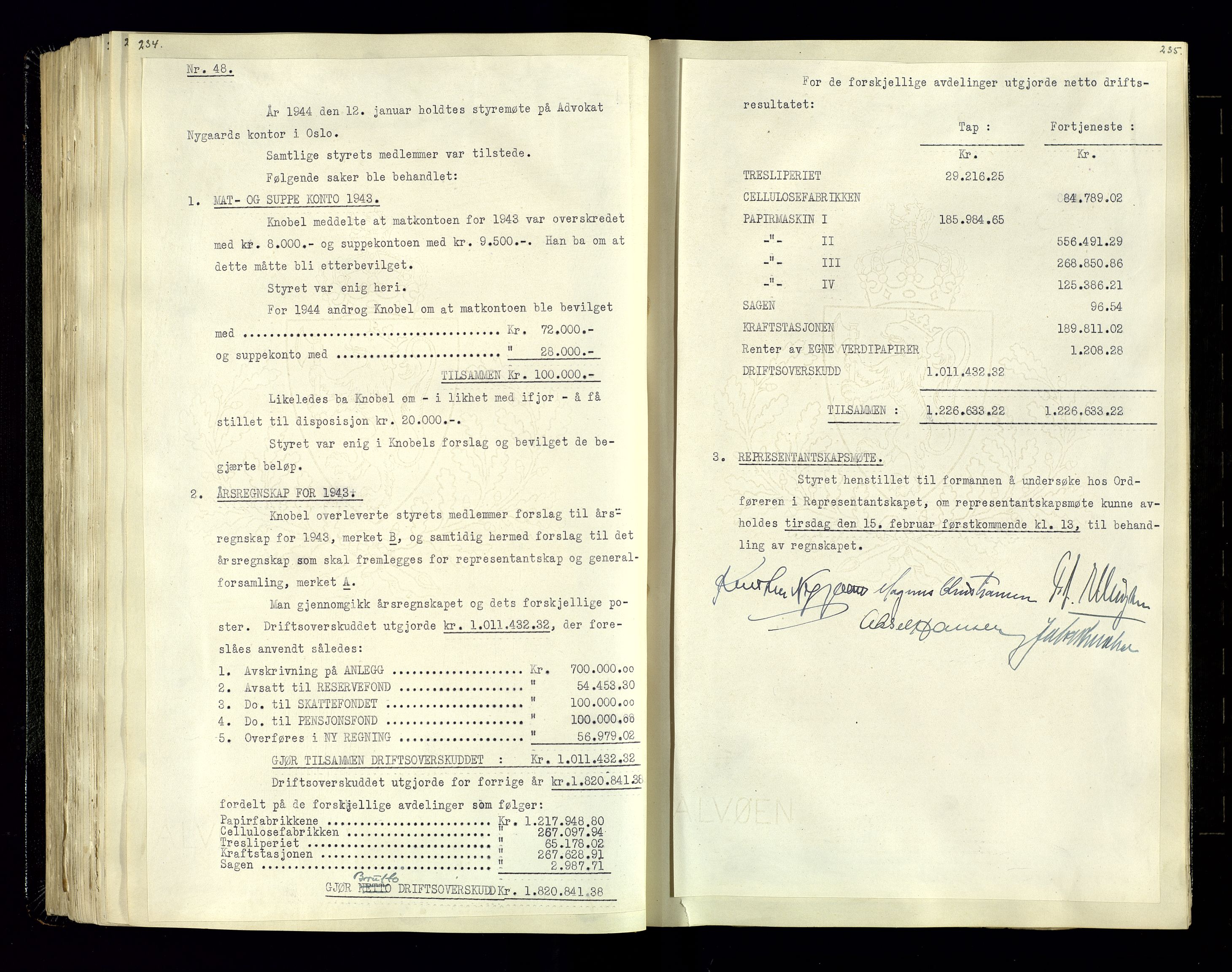 Hunsfos fabrikker, AV/SAK-D/1440/02/L0006: Referatprotokoll fra styremøter, 1938-1950, p. 234-235