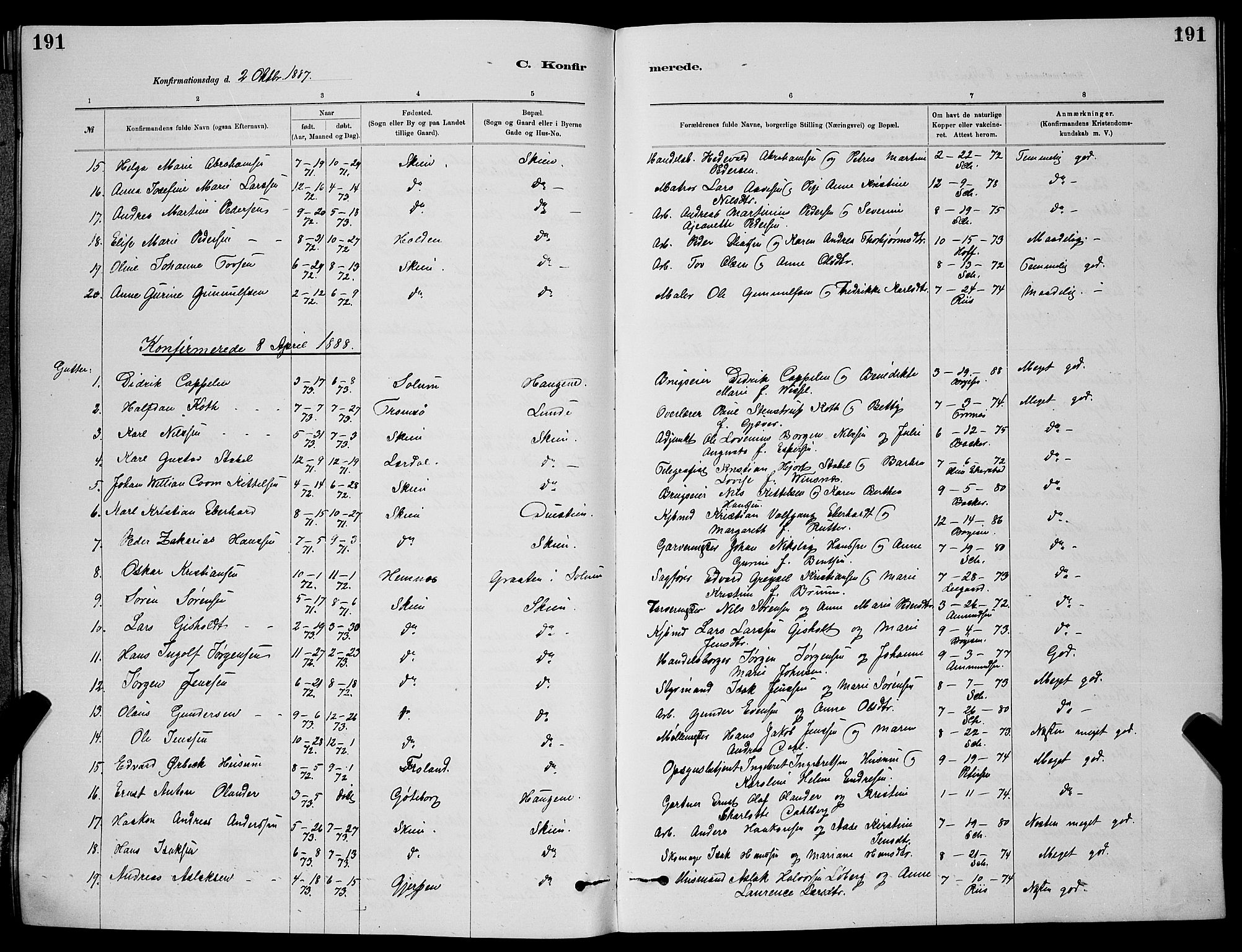 Skien kirkebøker, SAKO/A-302/G/Ga/L0006: Parish register (copy) no. 6, 1881-1890, p. 191
