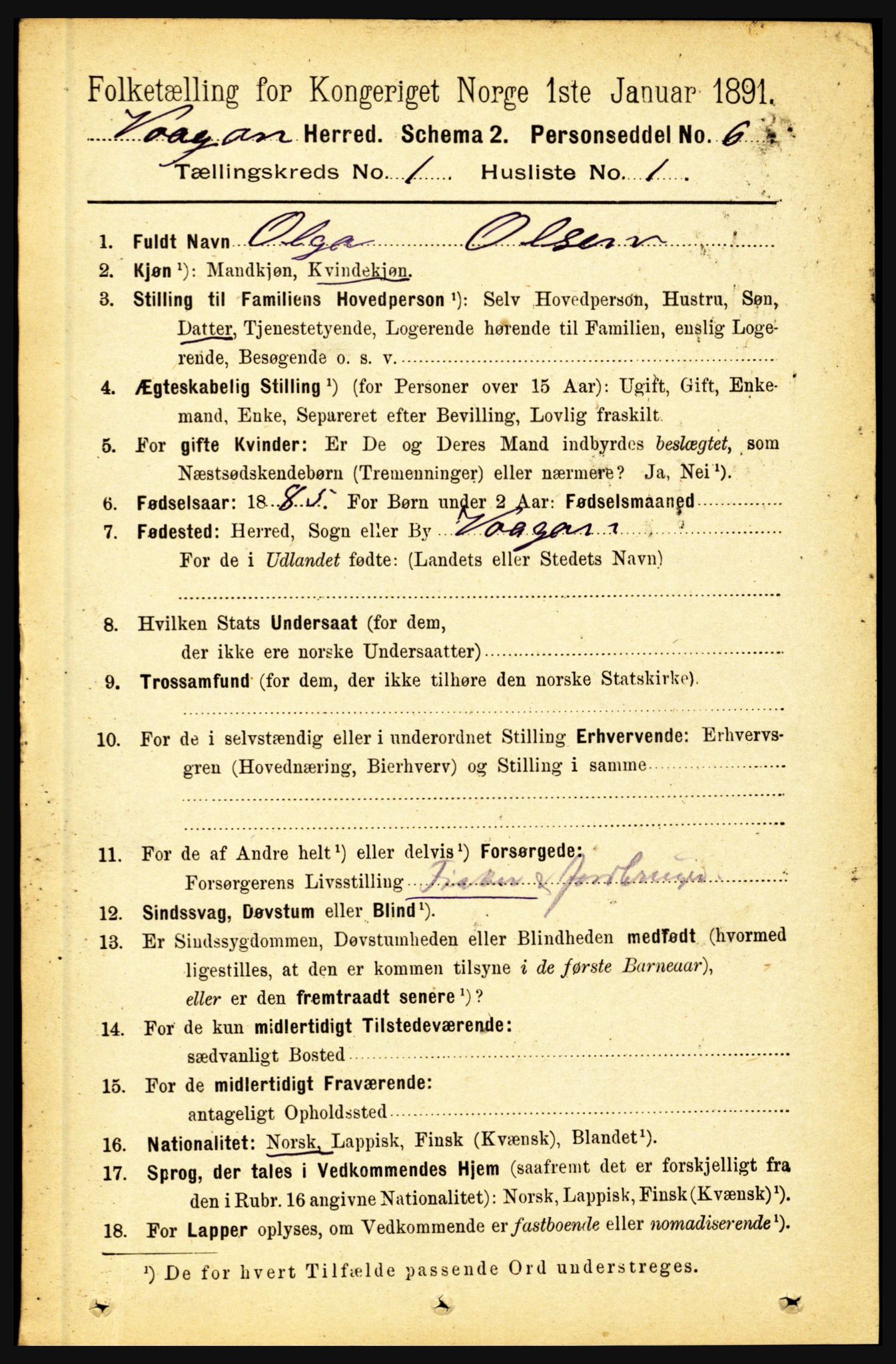 RA, 1891 census for 1865 Vågan, 1891, p. 101