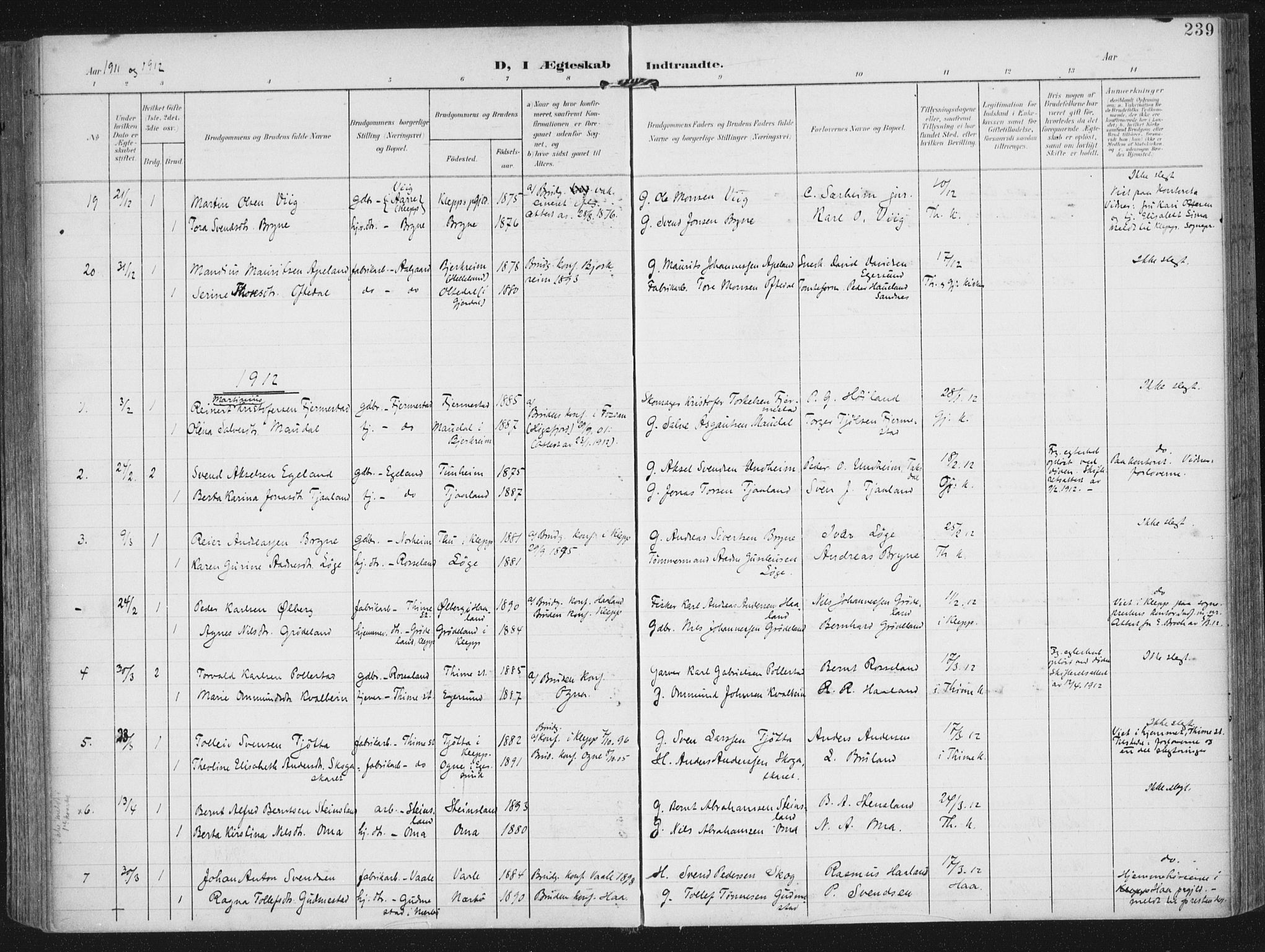 Lye sokneprestkontor, SAST/A-101794/002/A/L0001: Parish register (official) no. A 12, 1904-1920, p. 239