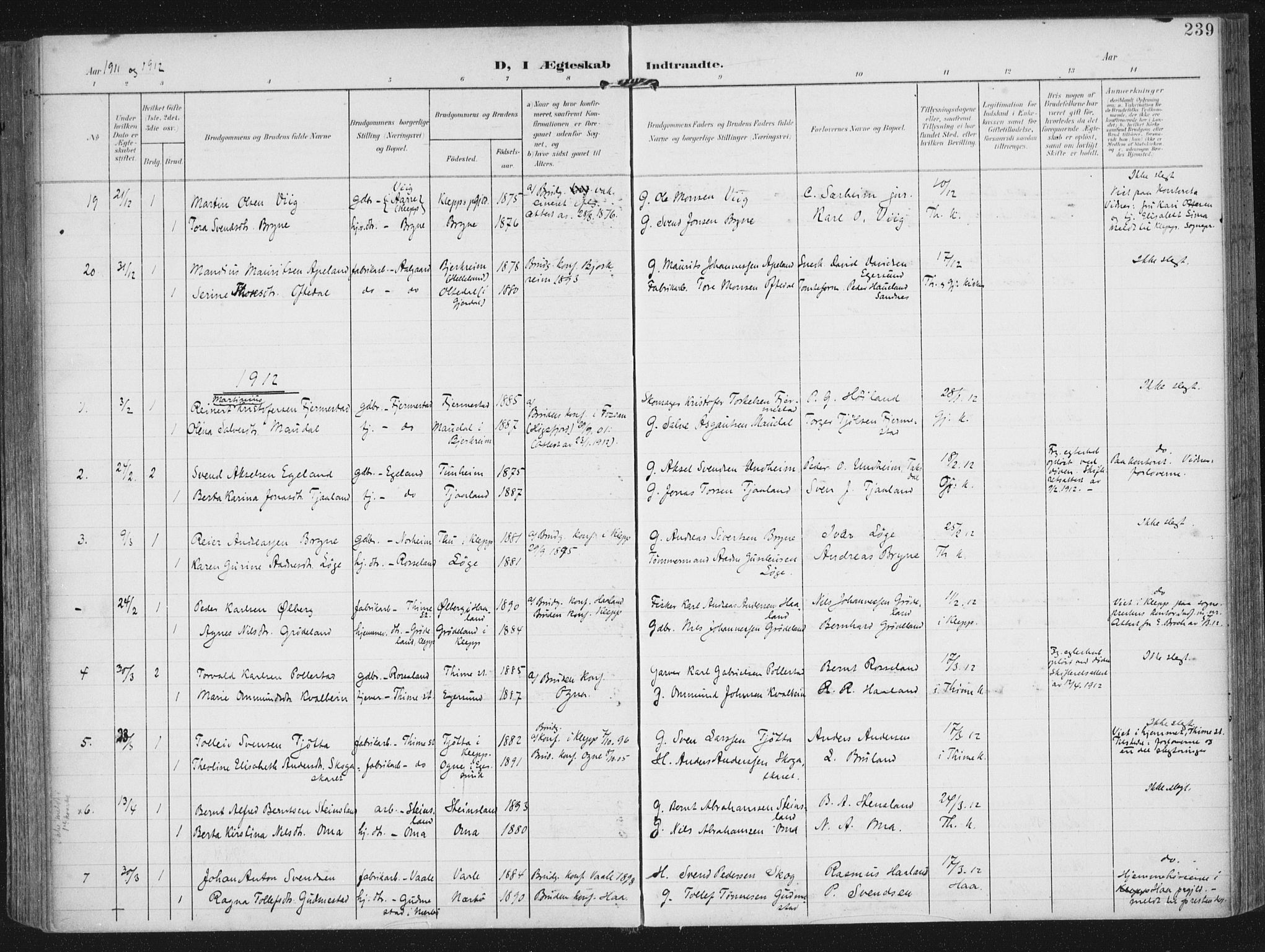 Lye sokneprestkontor, AV/SAST-A-101794/002/A/L0001: Parish register (official) no. A 12, 1904-1920, p. 239