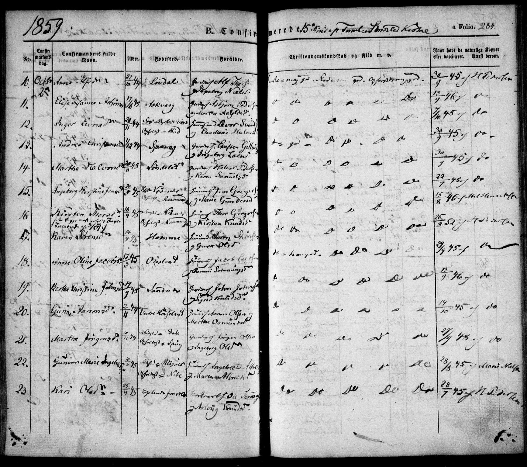 Søndeled sokneprestkontor, AV/SAK-1111-0038/F/Fa/L0002: Parish register (official) no. A 2, 1839-1860, p. 284