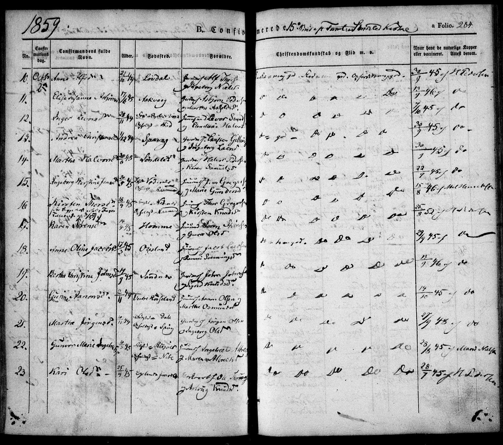 Søndeled sokneprestkontor, SAK/1111-0038/F/Fa/L0002: Parish register (official) no. A 2, 1839-1860, p. 284