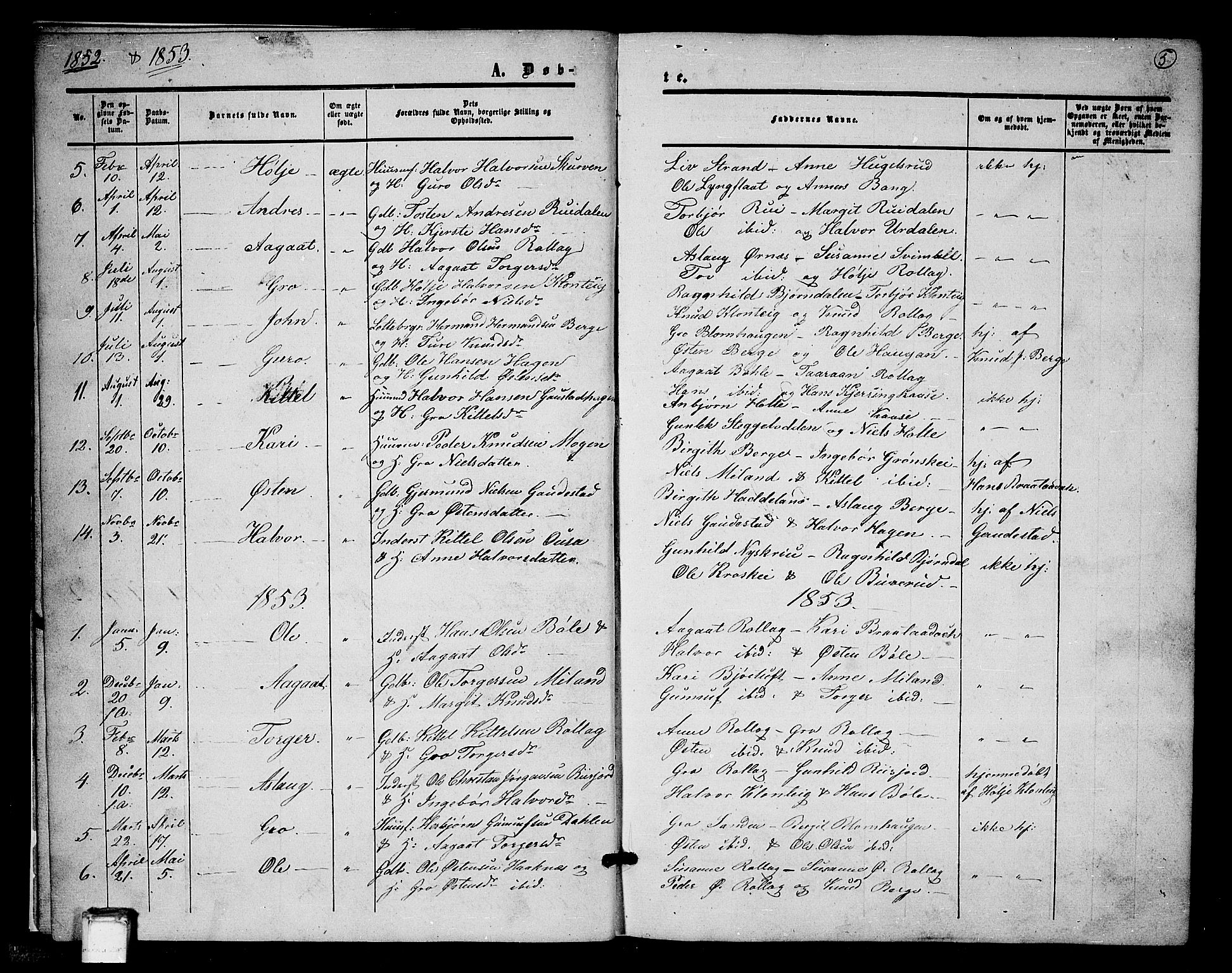 Tinn kirkebøker, SAKO/A-308/G/Gb/L0002: Parish register (copy) no. II 2, 1851-1886, p. 5
