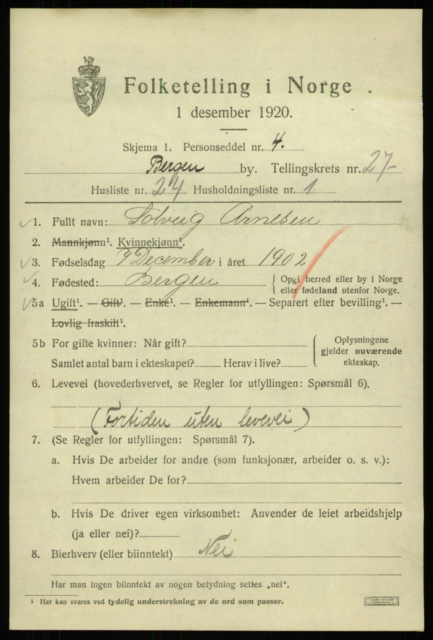 SAB, 1920 census for Bergen, 1920, p. 91787