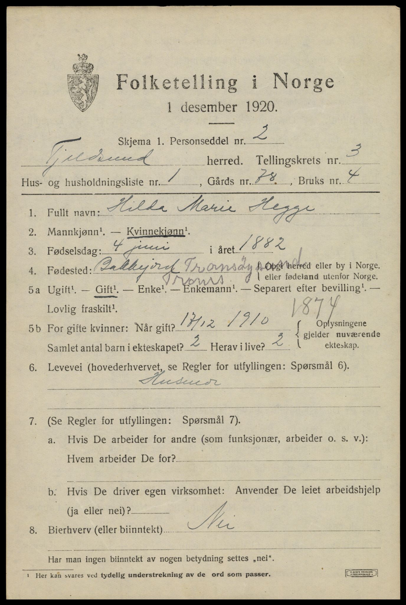 SAT, 1920 census for Tjeldsund, 1920, p. 1562