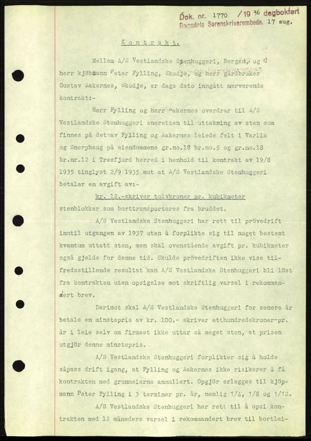 Romsdal sorenskriveri, AV/SAT-A-4149/1/2/2C: Mortgage book no. A1, 1936-1936, Diary no: : 1770/1936