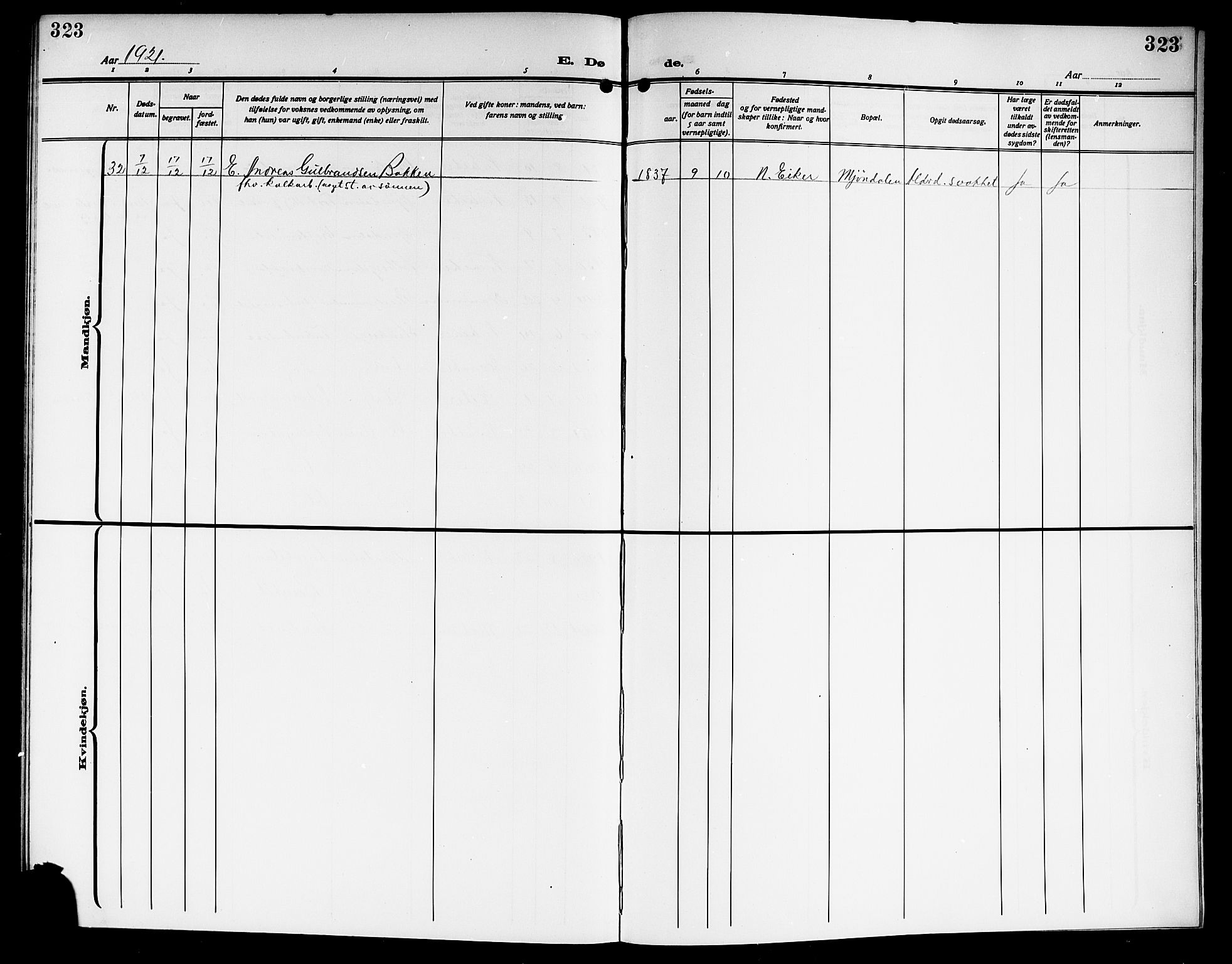 Nedre Eiker kirkebøker, SAKO/A-612/G/Ga/L0005: Parish register (copy) no. 5, 1913-1921, p. 323