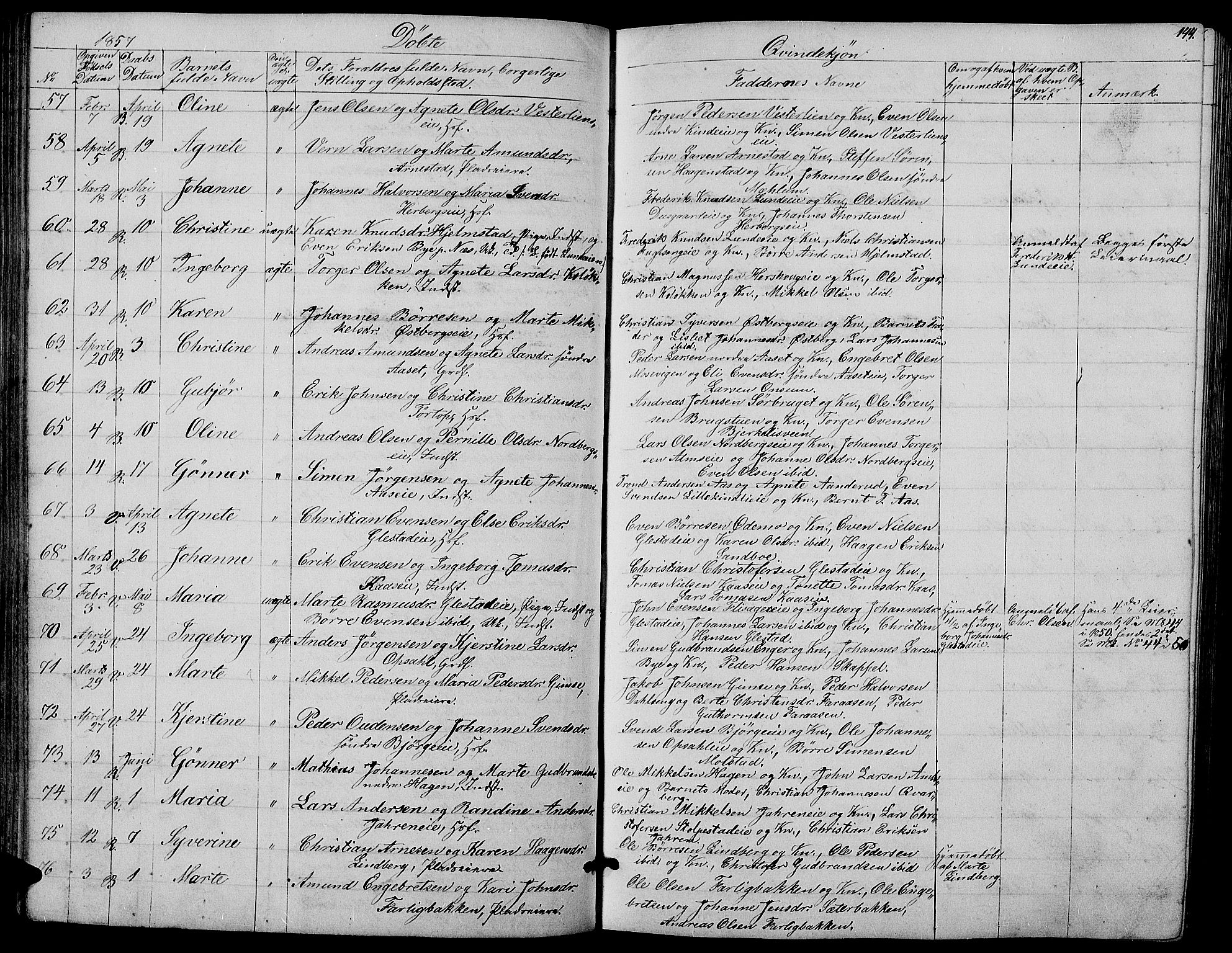 Ringsaker prestekontor, AV/SAH-PREST-014/L/La/L0006: Parish register (copy) no. 6, 1851-1860, p. 144