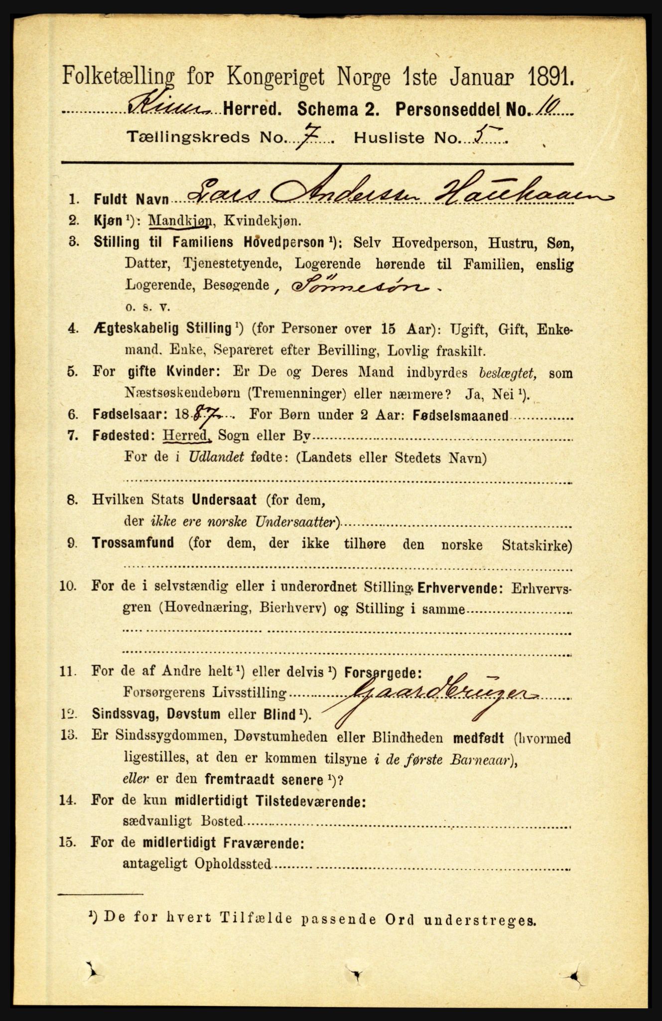 RA, 1891 census for 1437 Kinn, 1891, p. 2709
