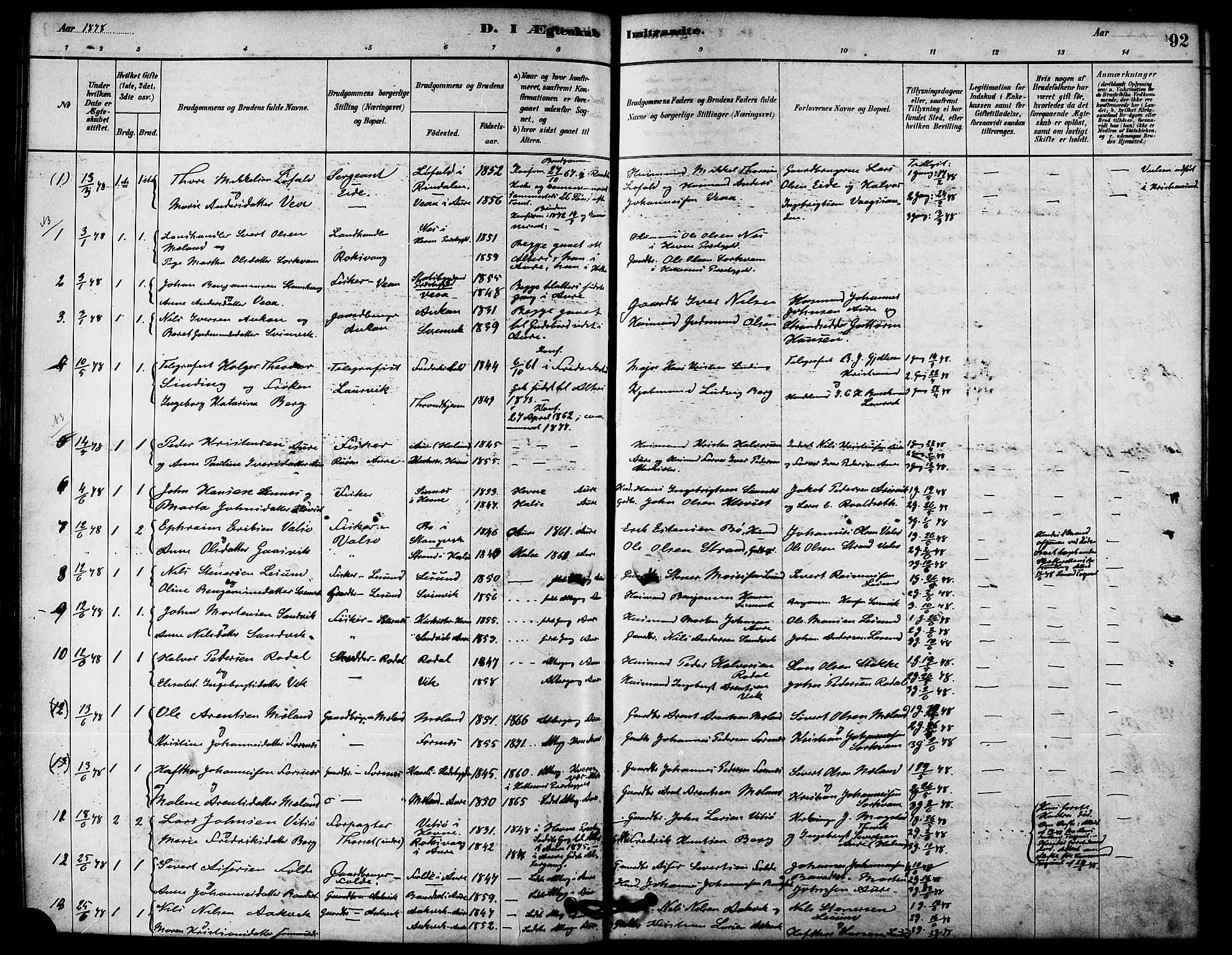 Ministerialprotokoller, klokkerbøker og fødselsregistre - Møre og Romsdal, SAT/A-1454/578/L0906: Parish register (official) no. 578A05, 1878-1886, p. 92