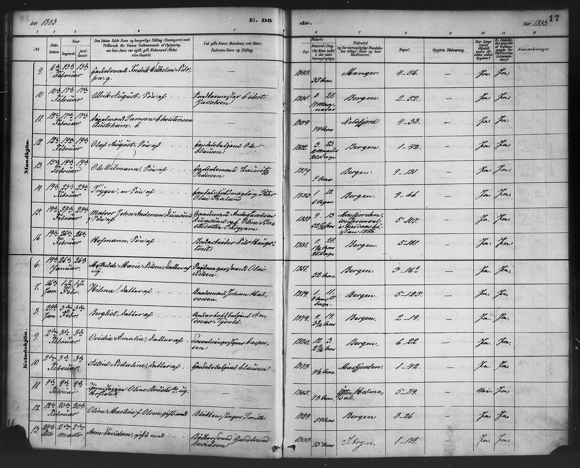 Nykirken Sokneprestembete, AV/SAB-A-77101/H/Haa/L0044: Parish register (official) no. E 4, 1882-1898, p. 17