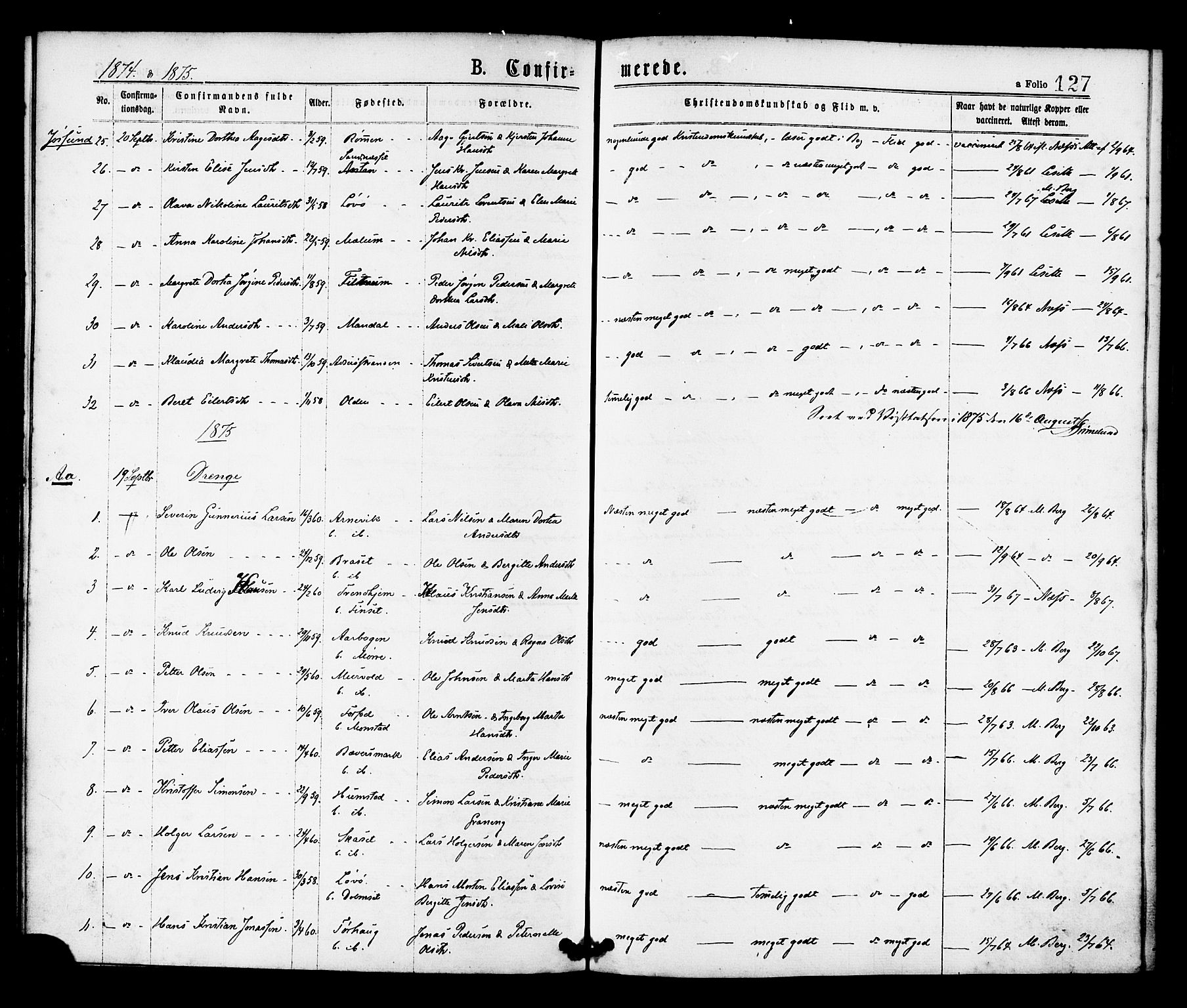 Ministerialprotokoller, klokkerbøker og fødselsregistre - Sør-Trøndelag, SAT/A-1456/655/L0679: Parish register (official) no. 655A08, 1873-1879, p. 127