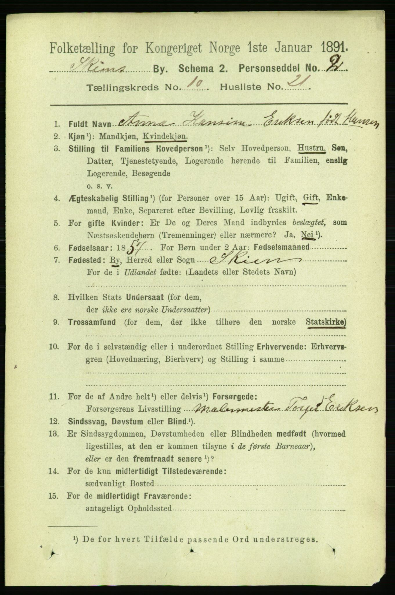 RA, 1891 census for 0806 Skien, 1891, p. 3800