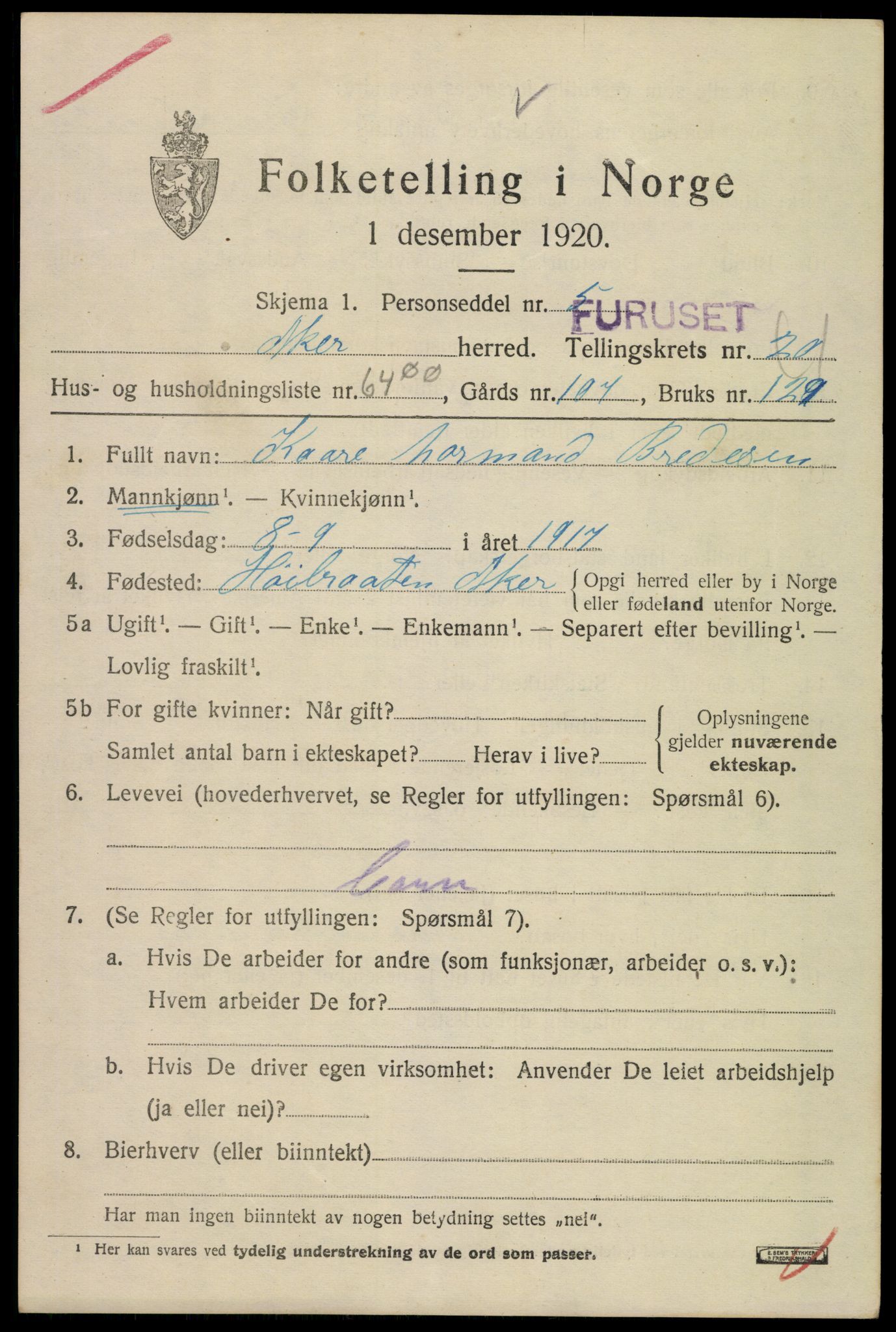 SAO, 1920 census for Aker, 1920, p. 122034