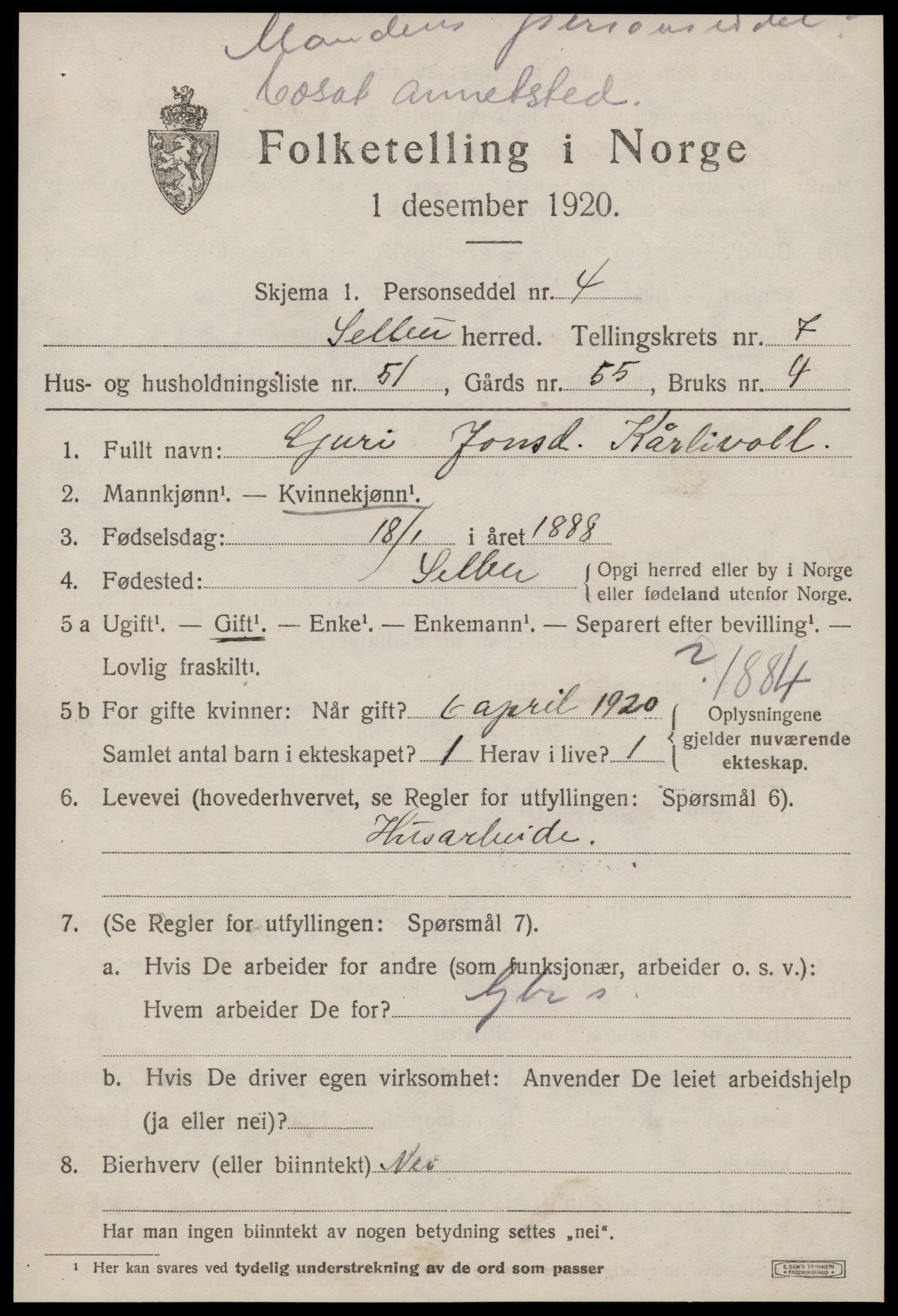 SAT, 1920 census for Selbu, 1920, p. 4420