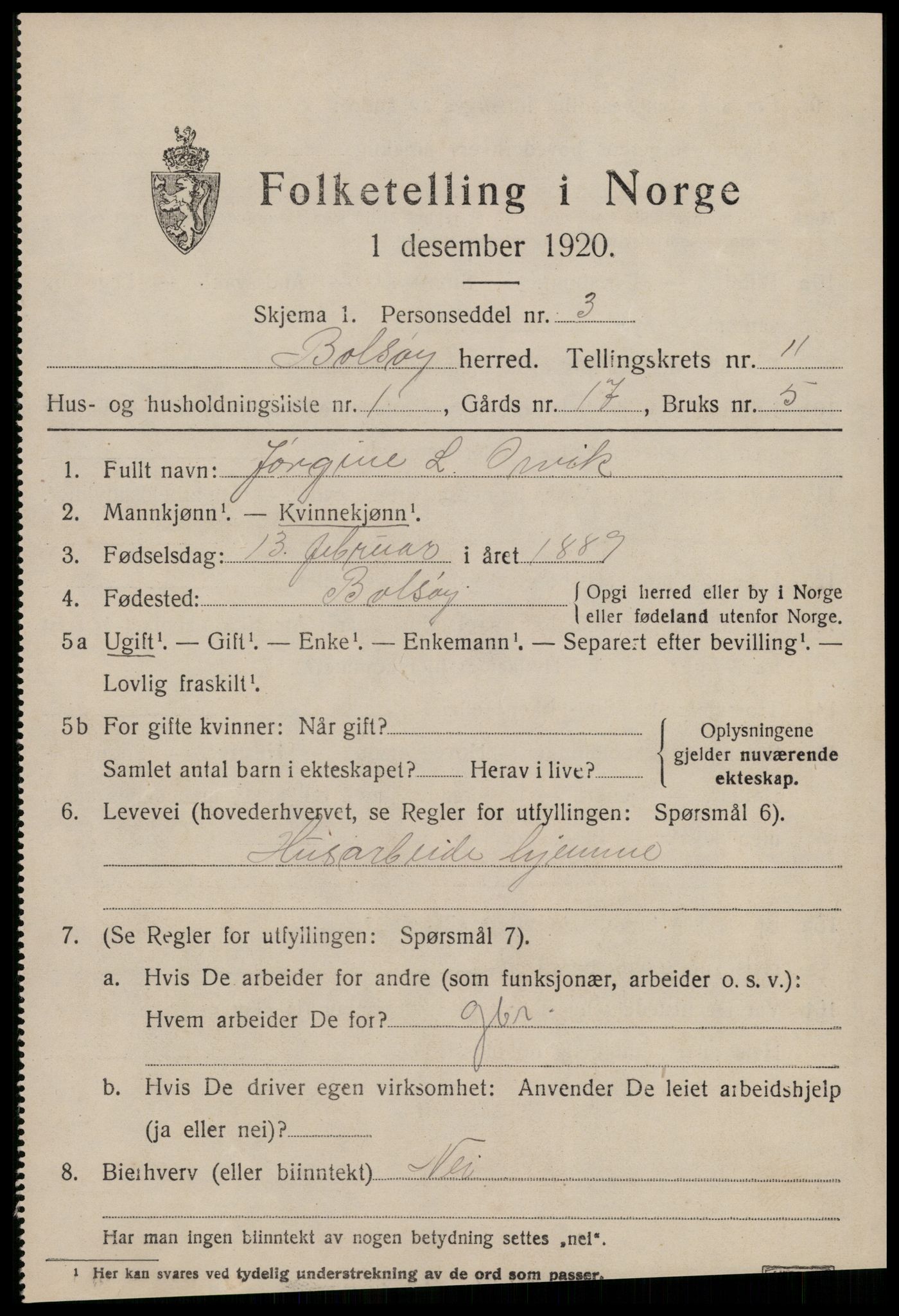 SAT, 1920 census for Bolsøy, 1920, p. 11275