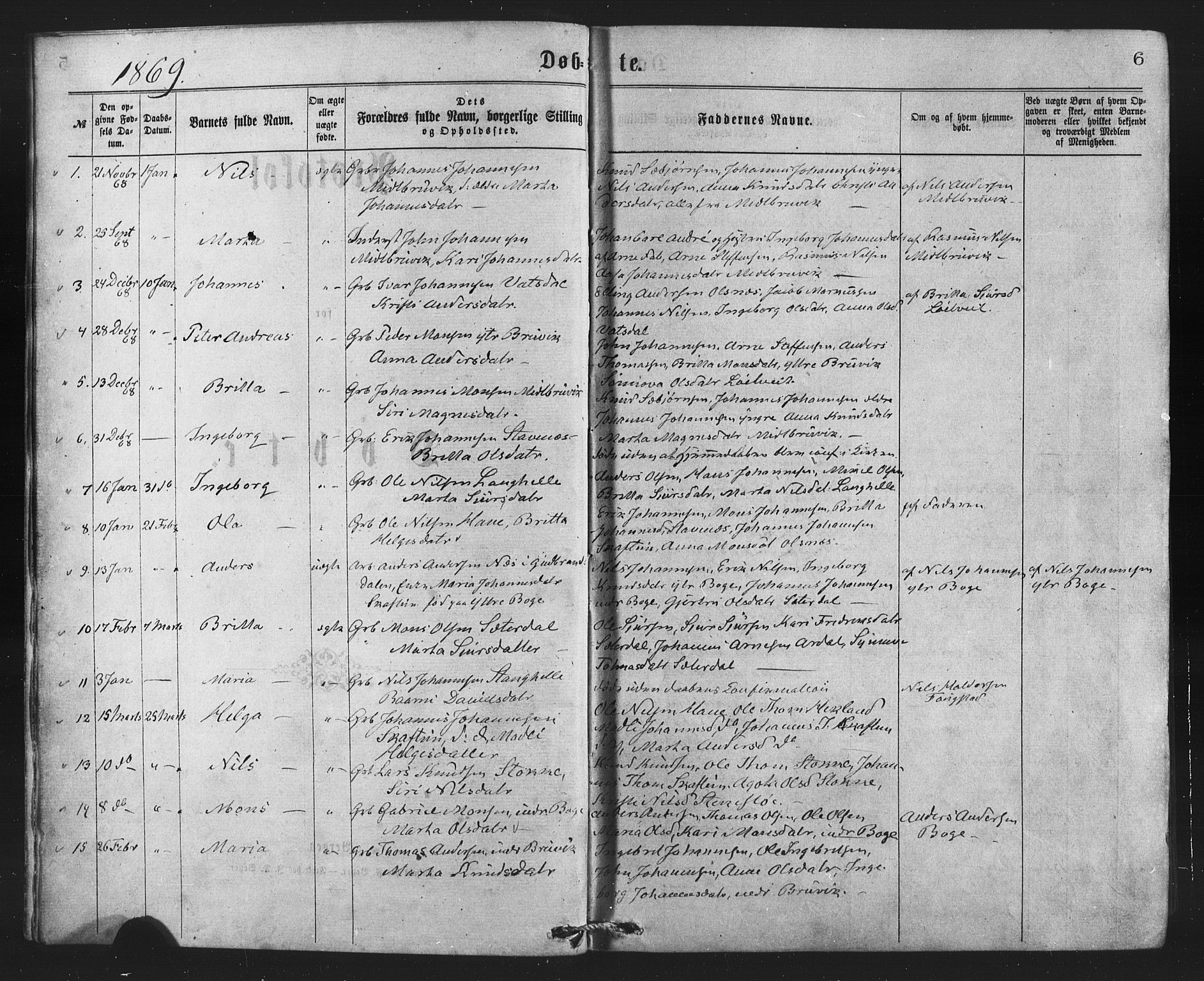 Bruvik Sokneprestembete, SAB/A-74701/H/Haa: Parish register (official) no. A 1, 1869-1877, p. 6