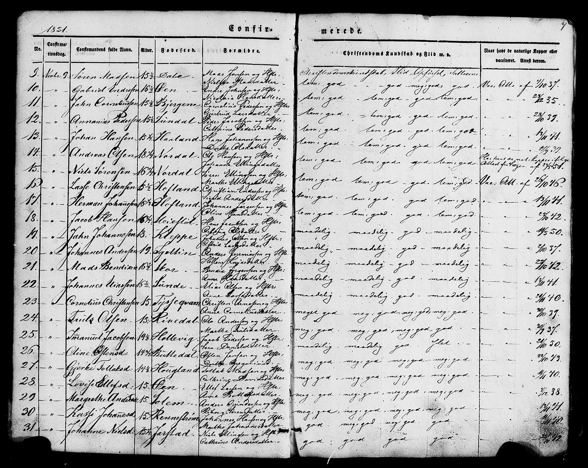 Fjaler sokneprestembete, AV/SAB-A-79801/H/Haa/Haaa/L0008: Parish register (official) no. A 8, 1850-1886, p. 7