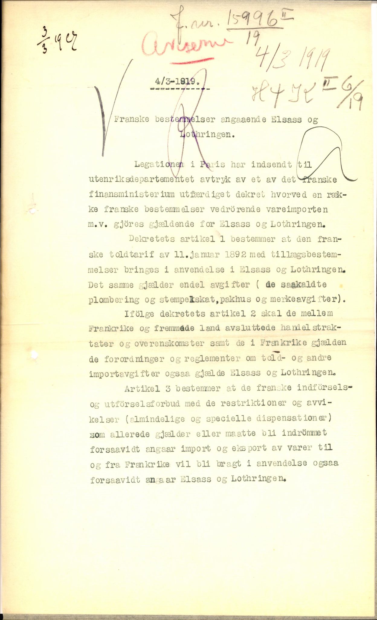 Utenriksdepartementet, AV/RA-S-2259, 1919, p. 2