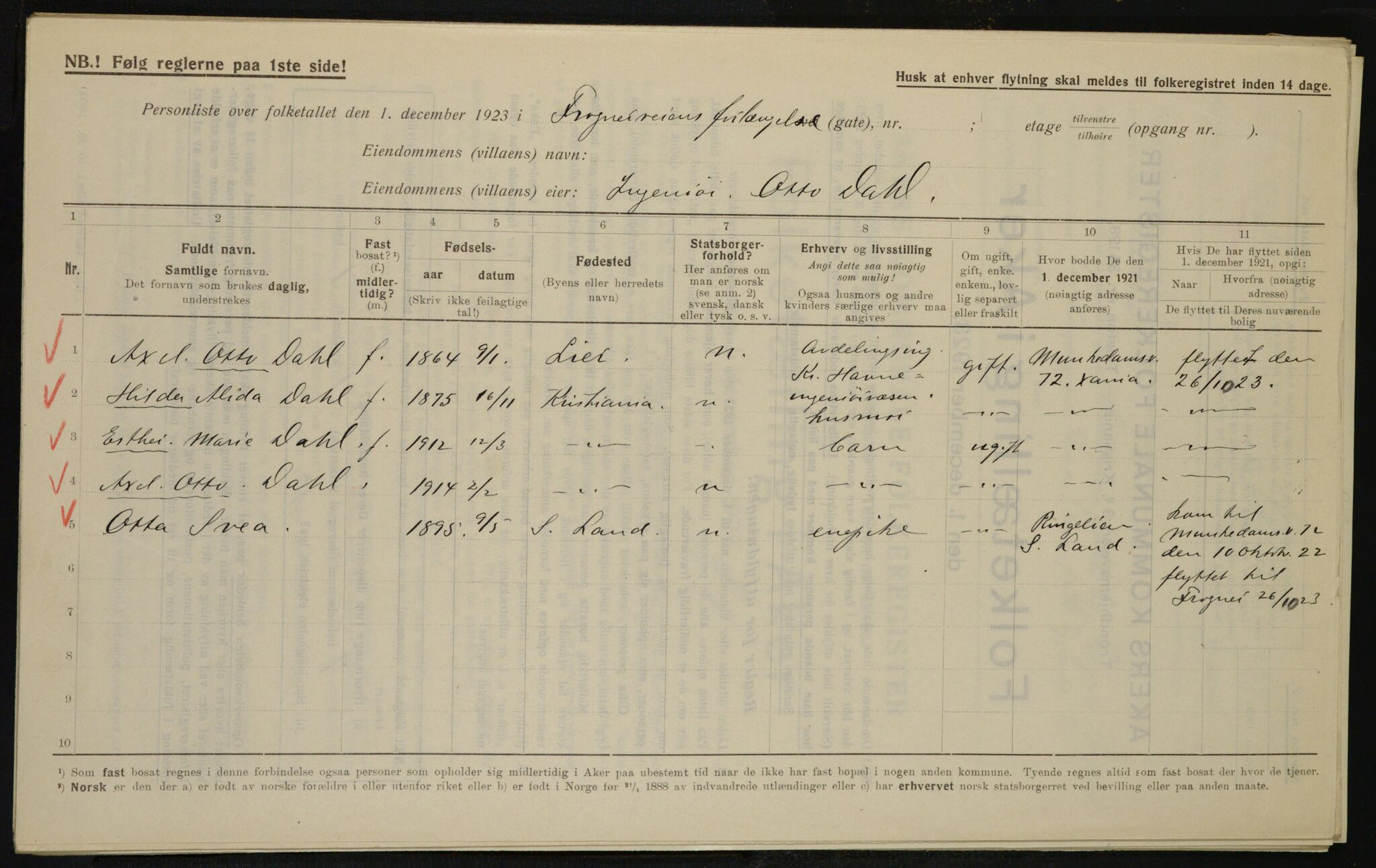 , Municipal Census 1923 for Aker, 1923, p. 9663