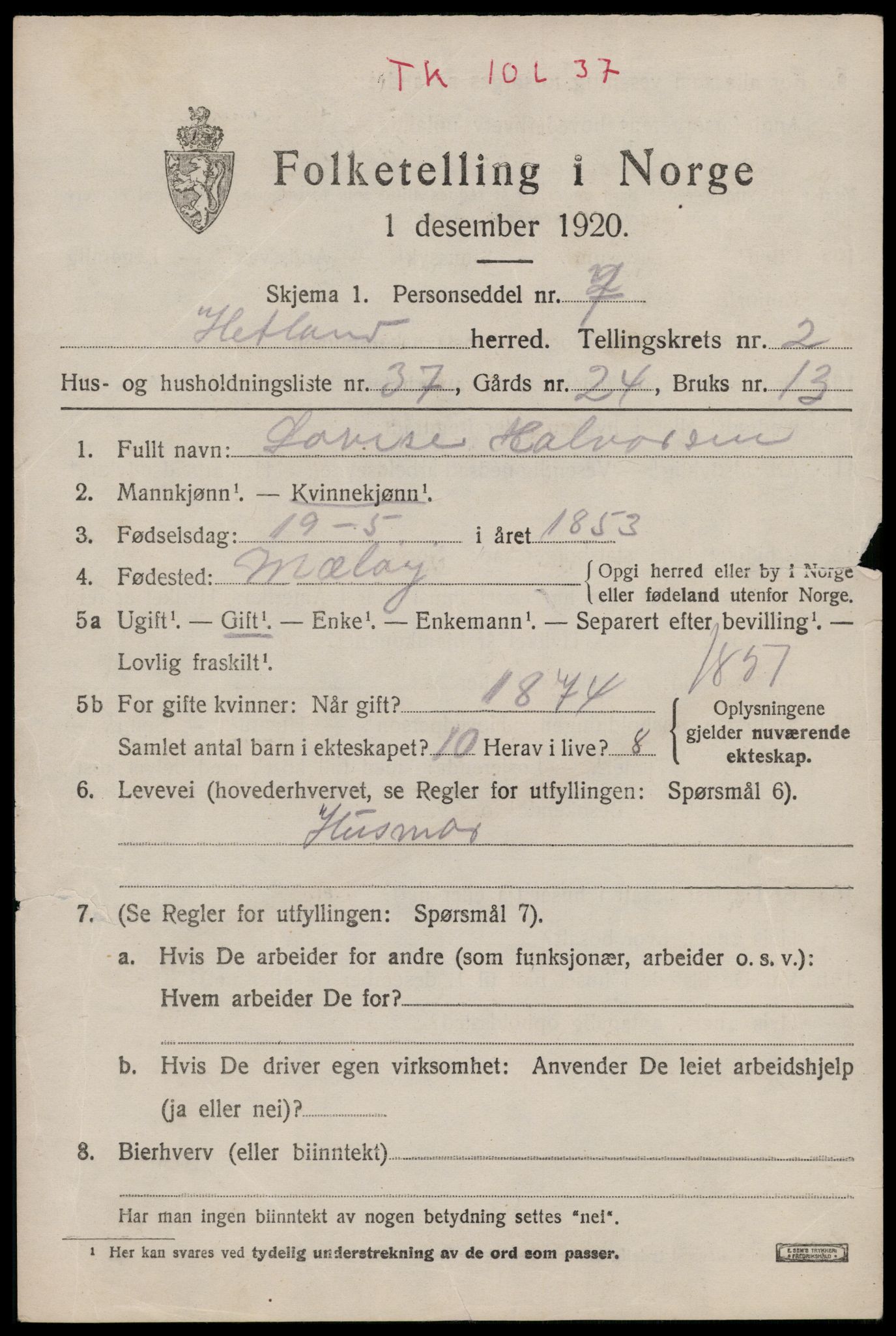 SAST, 1920 census for Hetland, 1920, p. 19395