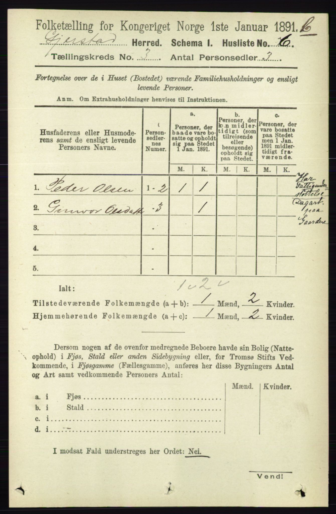 RA, 1891 census for 0911 Gjerstad, 1891, p. 1004