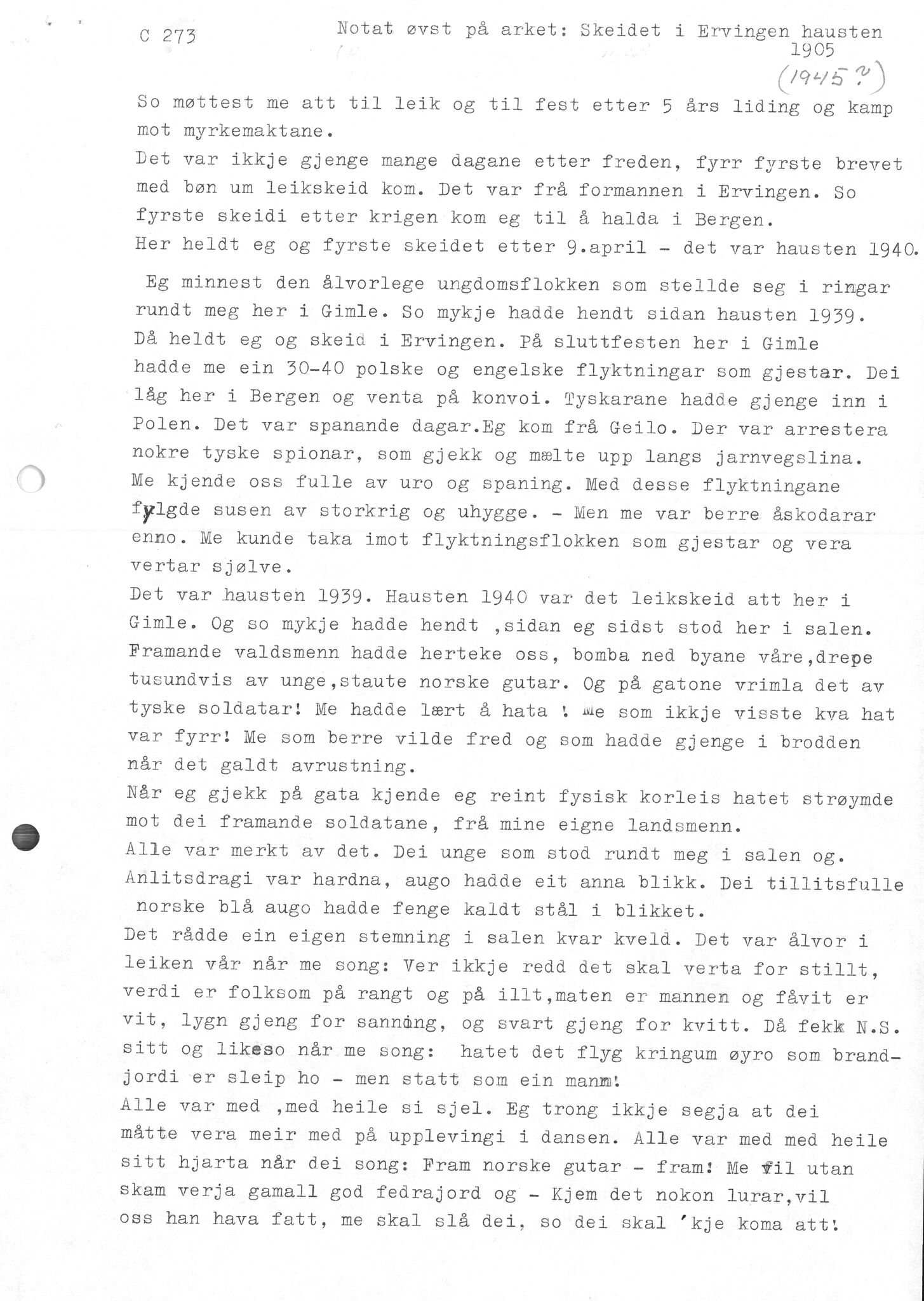 Samling etter Klara Semb, NSFF/KS/C/273: Klara Sembs tale ved skeidet i Bergen 1945, 1945