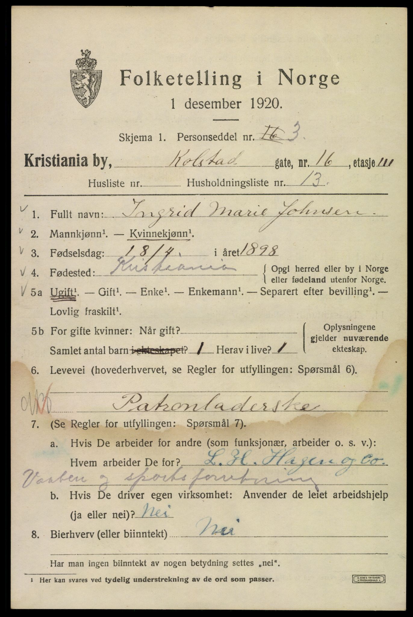 SAO, 1920 census for Kristiania, 1920, p. 346249