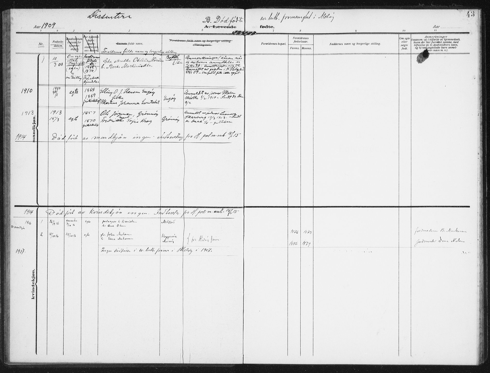 Ministerialprotokoller, klokkerbøker og fødselsregistre - Nordland, SAT/A-1459/843/L0629: Parish register (official) no. 843A04, 1907-1925, p. 43