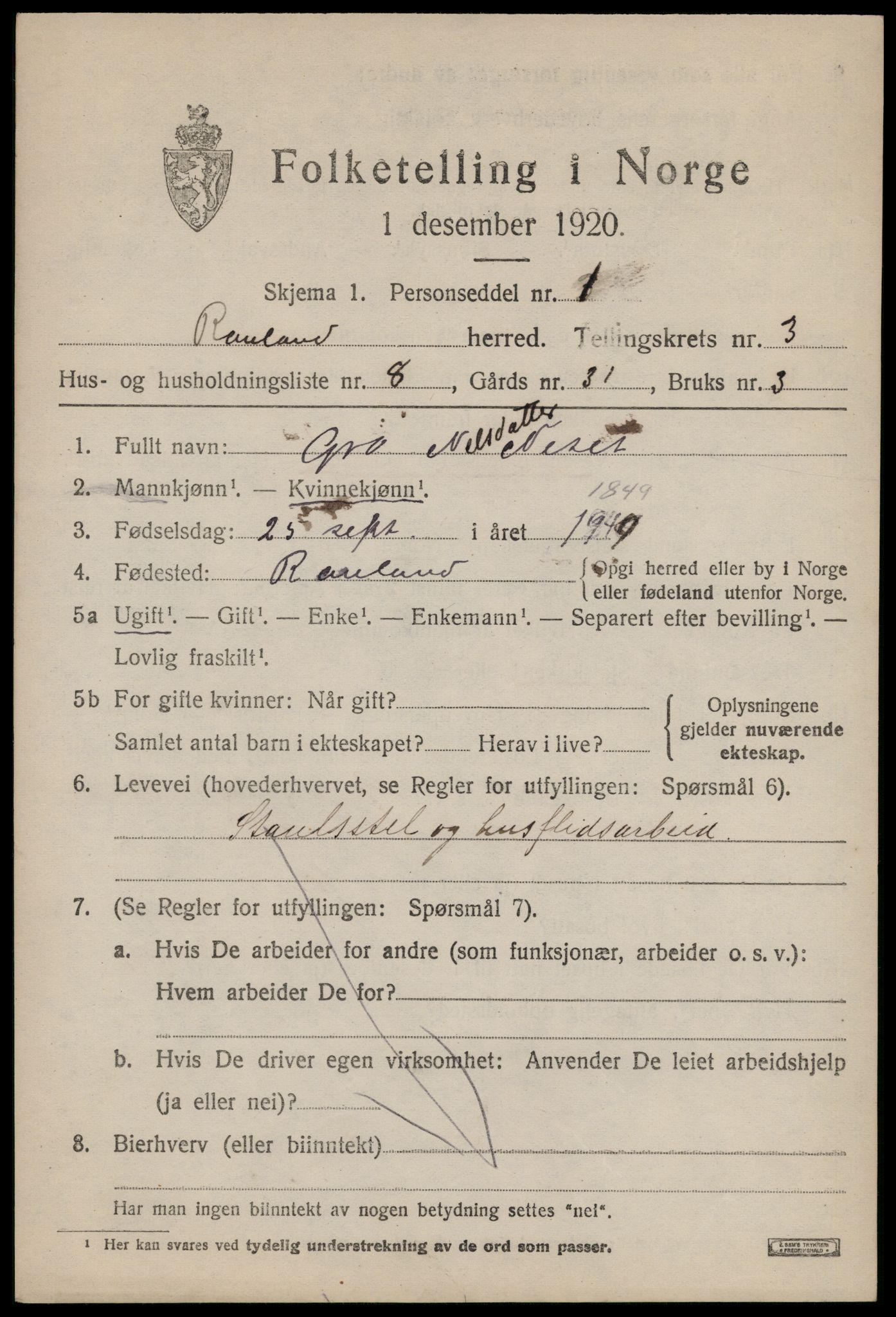 SAKO, 1920 census for Rauland, 1920, p. 804