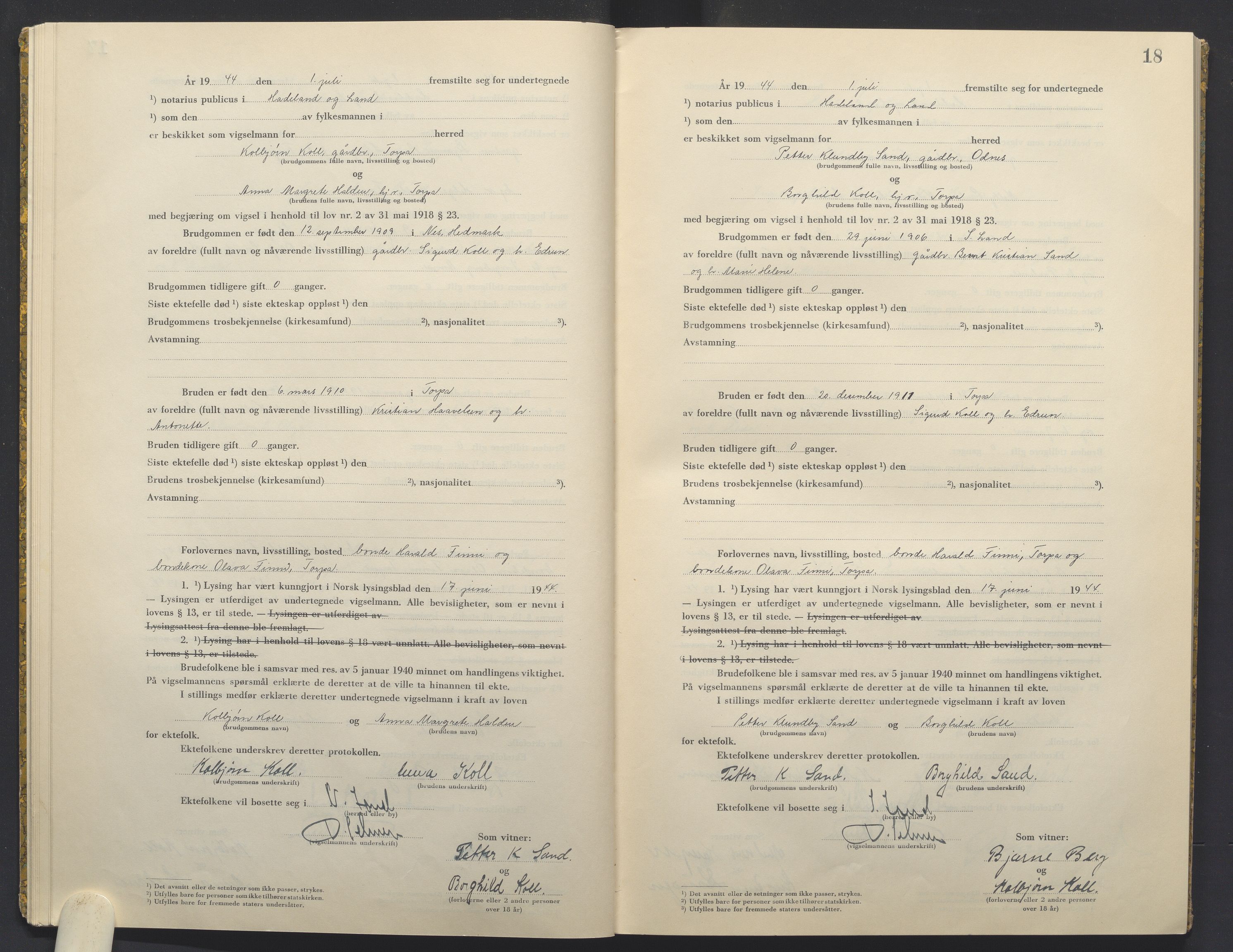 Hadeland og Land tingrett, AV/SAH-TING-010/L/Lb/L0003: Vigselbok, 1944-1946, p. 18